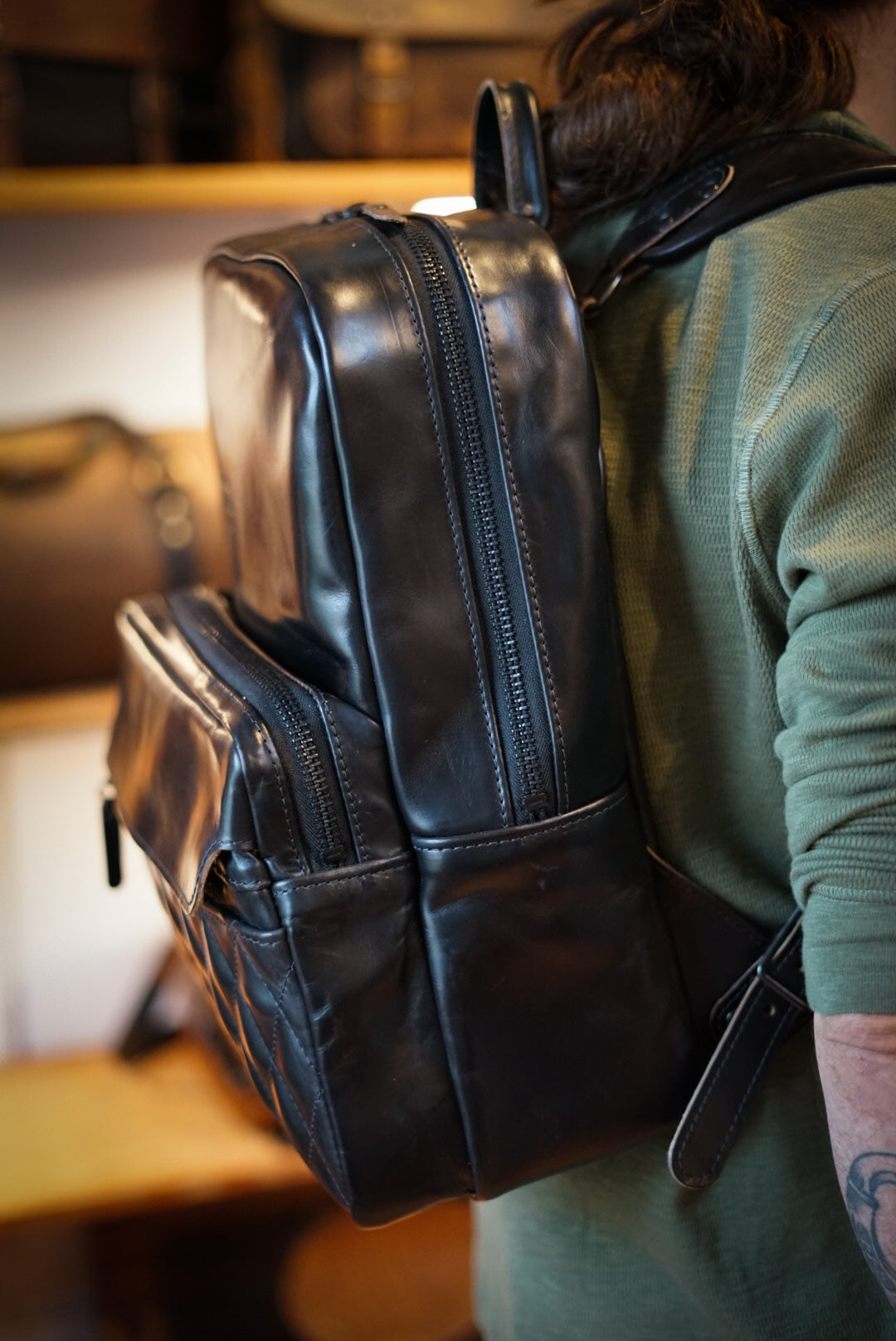 Premium Commuter Backpack for Men & Women - Durable Diamond Stitch Design with Horween Black Leather - Perfect for Work, Travel & Daily Use