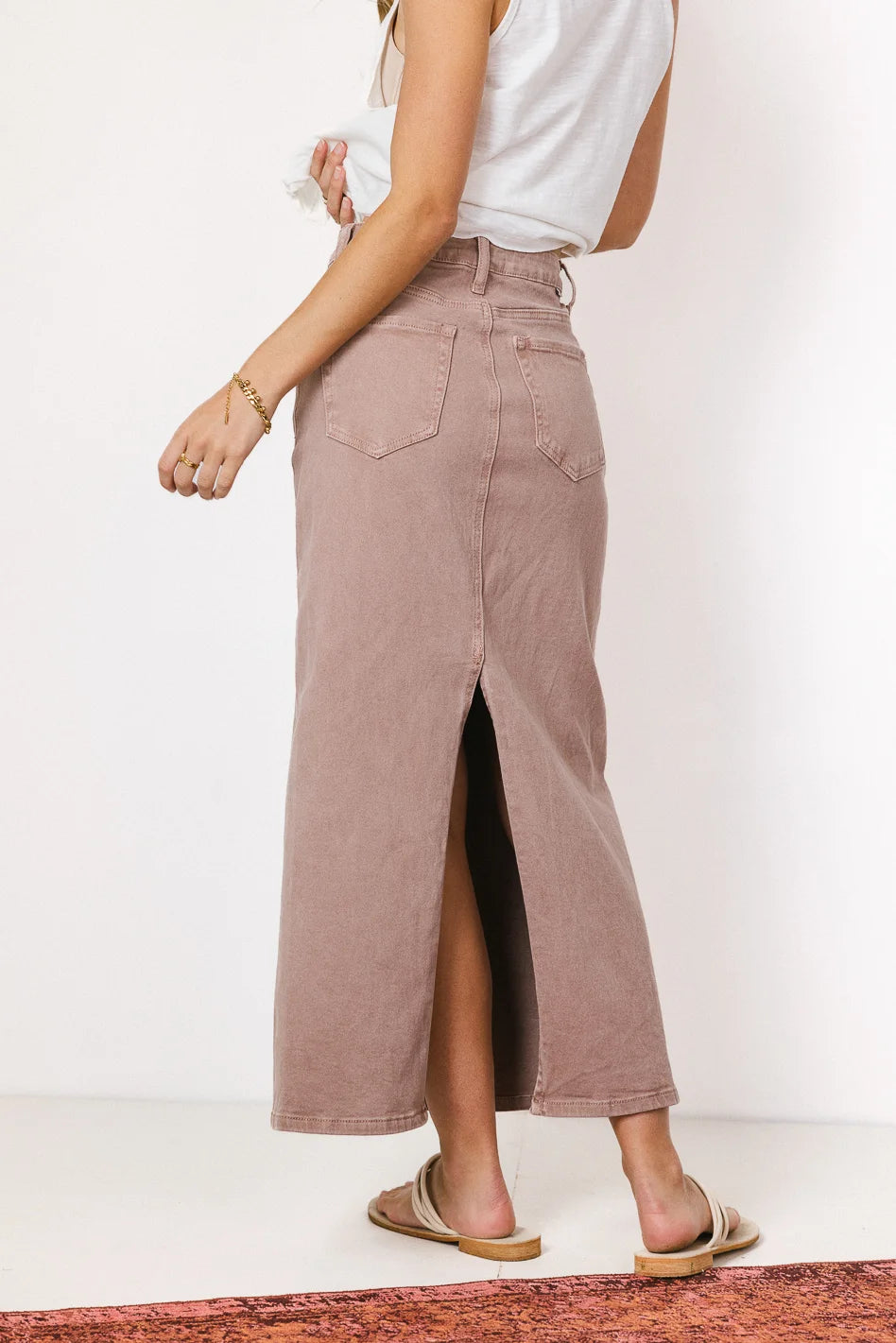 Harley Denim Midi Skirt in Mauve - Women's Vintage Style A-Line Skirt for Casual & Office Wear - FINAL SALE