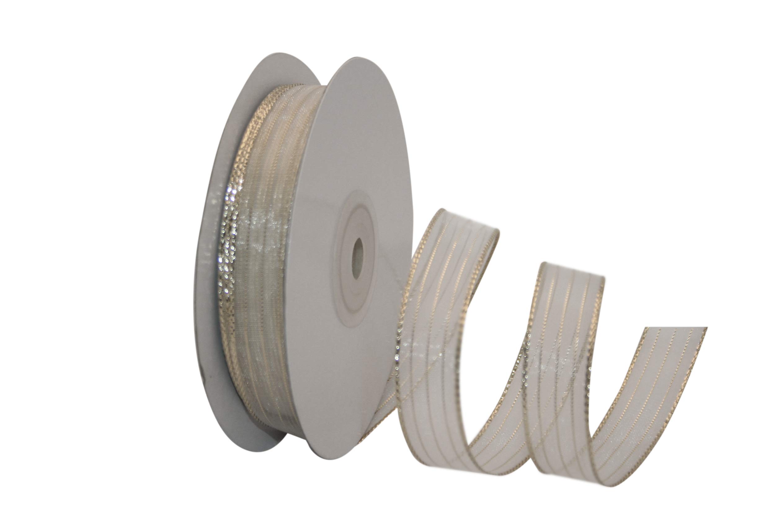 Reliant Metallic Organza Ribbon - 5/8 Inch x 25 Yards, White & Gold Striped Decorative Ribbon for Gift Wrapping, Wedding Decorations, DIY Crafts & Party Favors