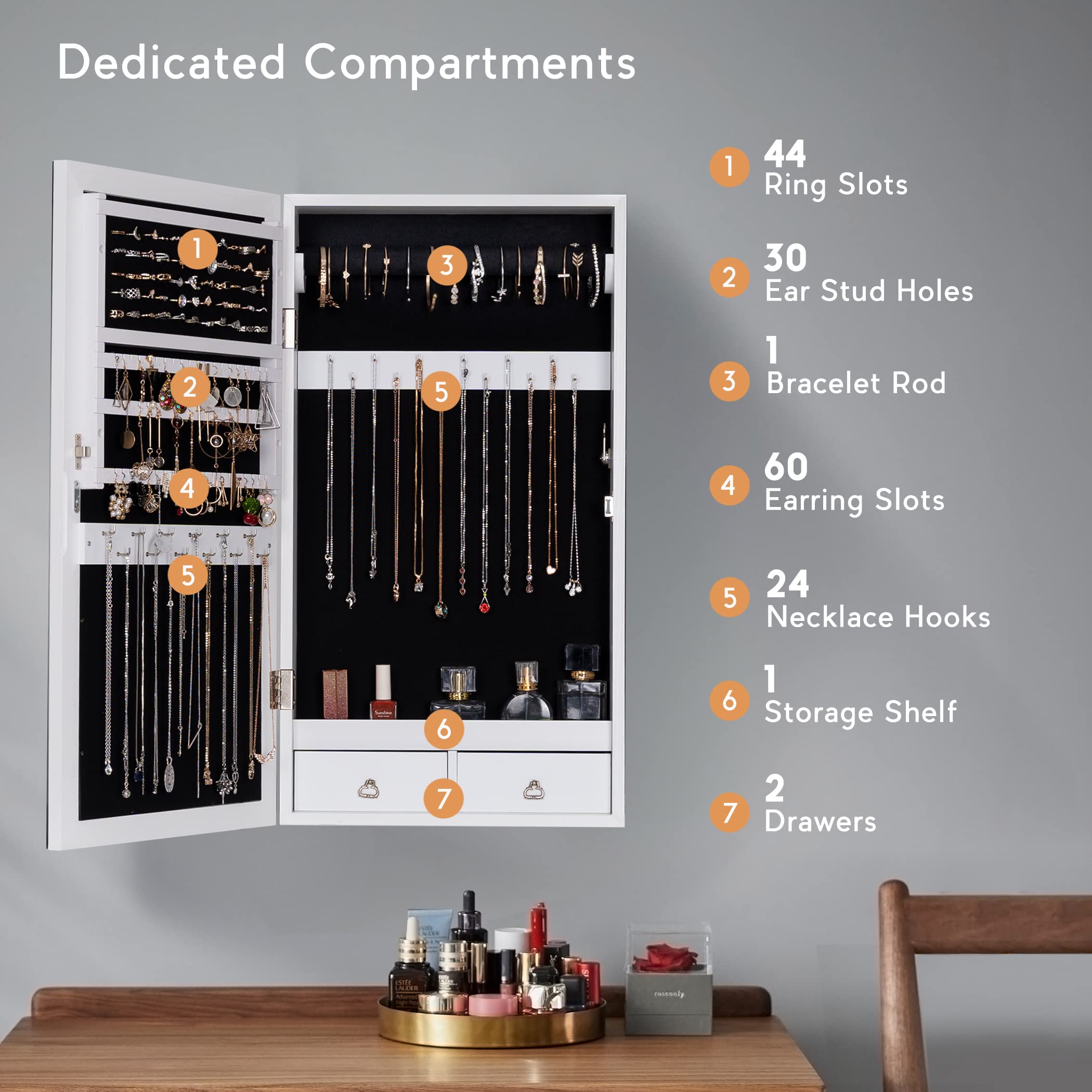 LAVIEVERT Jewelry Armoire with LED Mirror - Wall/Door Mounted Frameless Jewelry Cabinet with 3 Color Lights, Lockable Hanging Organizer & 2 Drawers (White) - Perfect for Bedroom, Closet & Dressing Room Organization