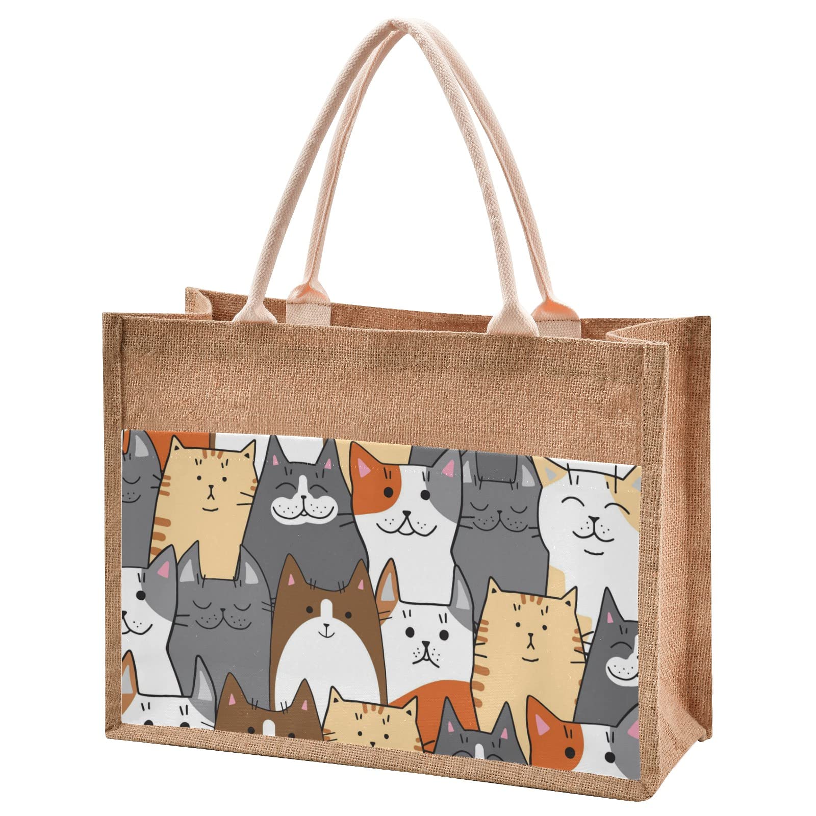 Funny Cat Print Jute Tote Bag with Zipper & Front Pocket - Large 17x13 Inch Eco-Friendly Grocery Shopping Bag for Women - Perfect for Farmers Market, Beach Trips & Daily Errands