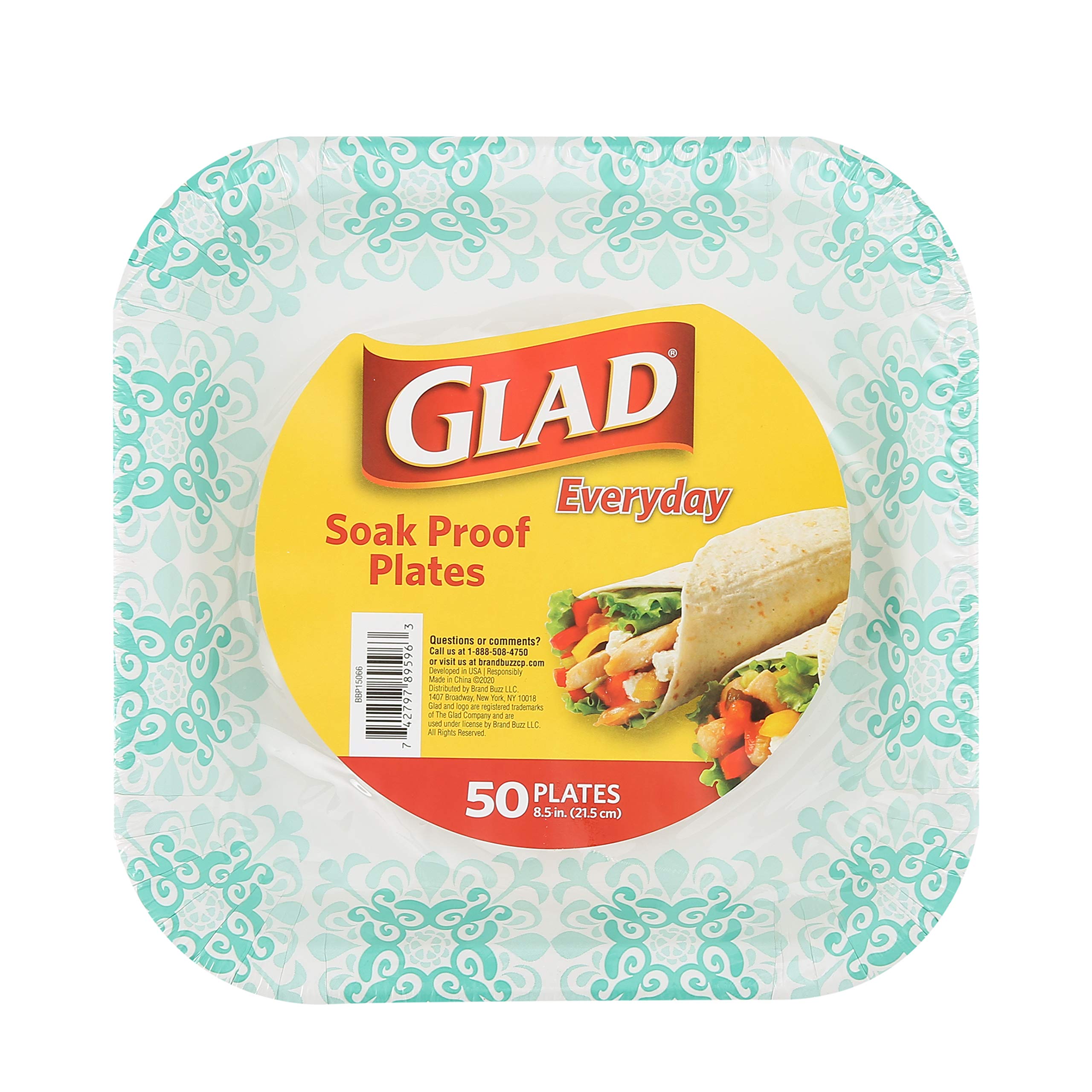 Eco-Friendly Heavy Duty Disposable Paper Plates 8.5 Inch - 50 Count Square Soak Proof Teal Printed Design Plates for Parties, Picnics & Family Gatherings | Aqua Color Decorative Paper Plates