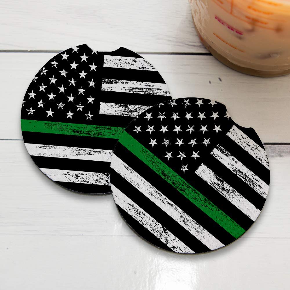 Thin Green Line Car Coasters Set of 2 - Absorbent Drink Coasters with Rubber Backing (2.56 Inches) - Perfect Car Accessories for Coffee, Soda & Beverages - Ideal for Road Trips, Commuting & Daily Use