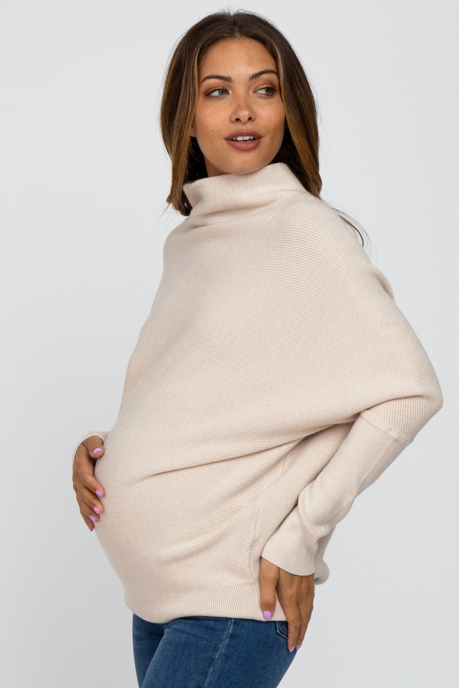 Beige Funnel Neck Dolman Sleeve Maternity Sweater for Women - Soft Comfortable Pregnancy Knit Top for Moms-to-Be - Perfect for Casual Wear, Office Outfits and Maternity Photos