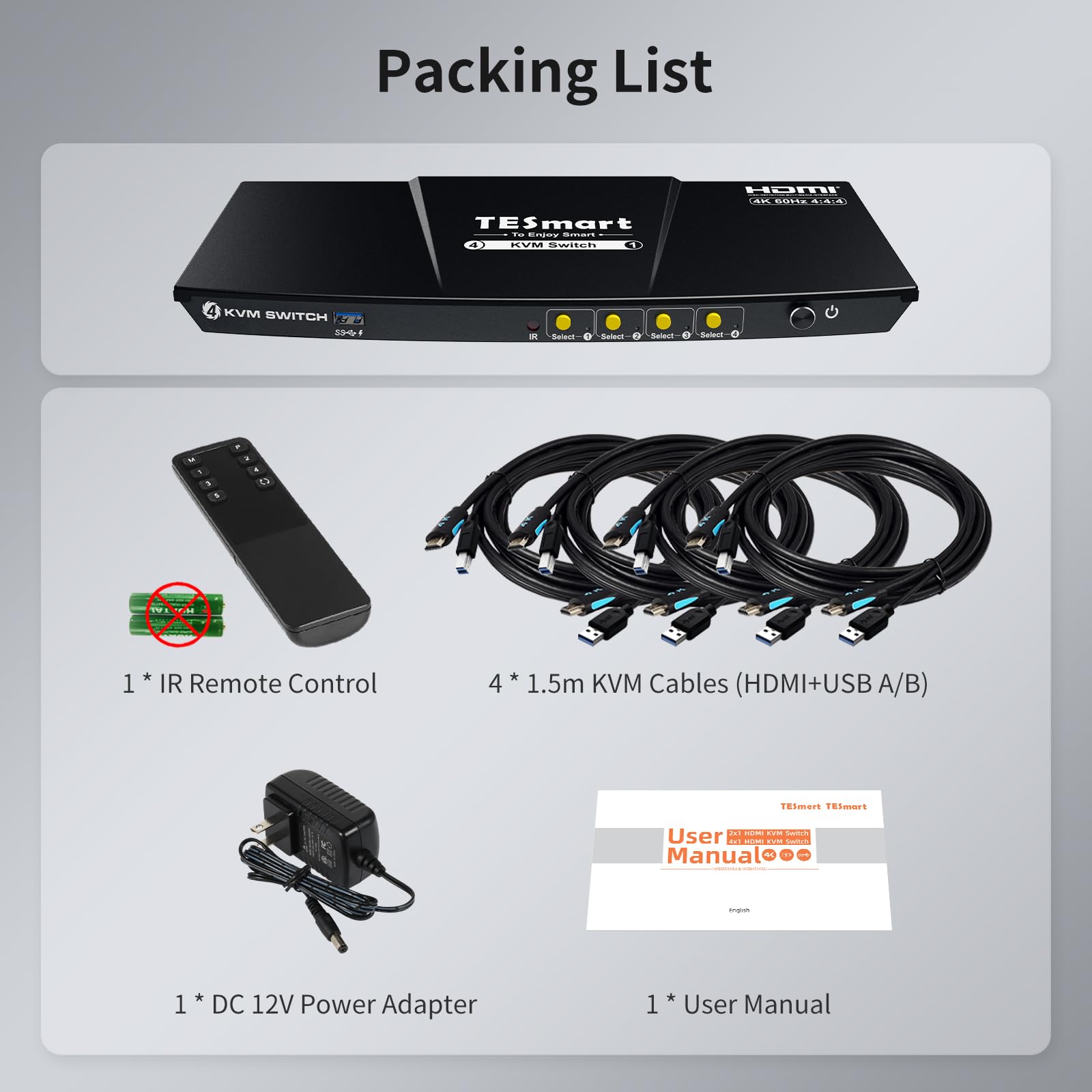 TESmart USB 3.0 HDMI KVM Switch 4 Port - 4K@60Hz 1 Monitor for 4 Computers | Supports Headset, Audio & Microphone | EDID Emulator, Hotkey & Remote Switch | Perfect for Home Office, Gaming & Multi-Device Workstations