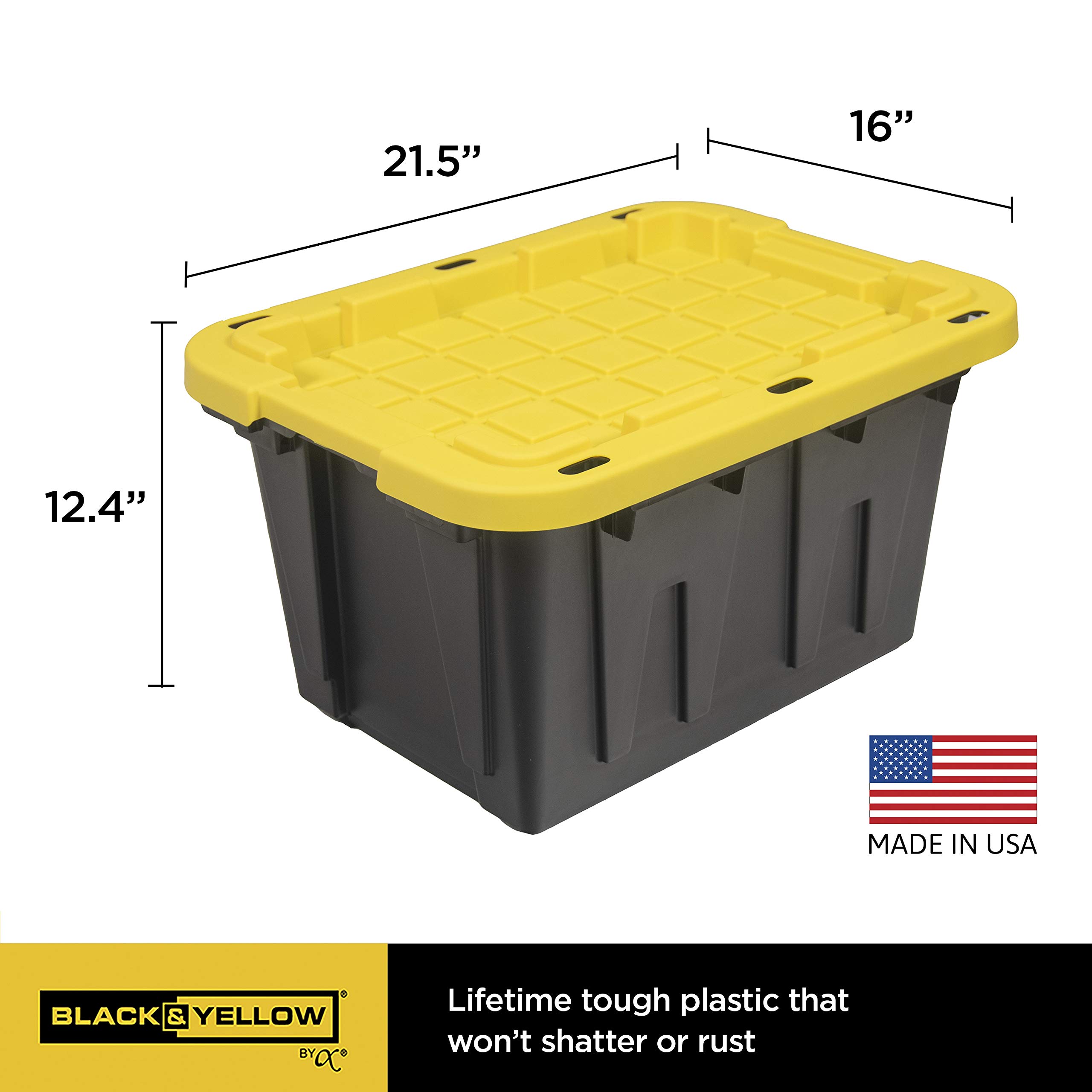 CX BLACK & YELLOW® 12-Gallon Heavy Duty Storage Bins with Snap-Tight Lids (6 Pack) - Weatherproof Stackable Organizing Containers for Garage, Basement & Office - 12.51
