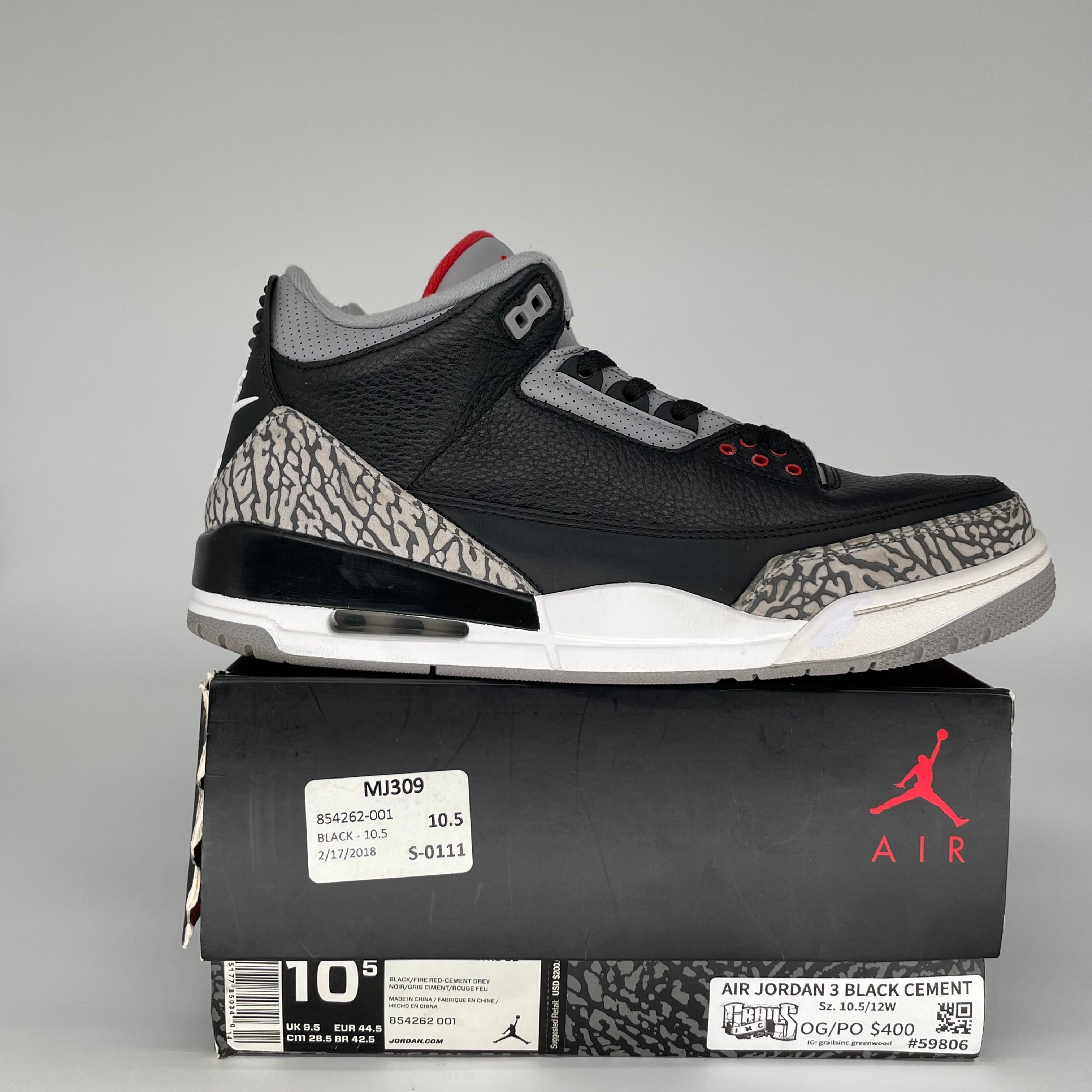 AIR JORDAN 3 Retro Black Cement Men's Basketball Shoes Size 10.5 (854262-001) - Authentic Sneakers for Streetwear & Basketball Games
