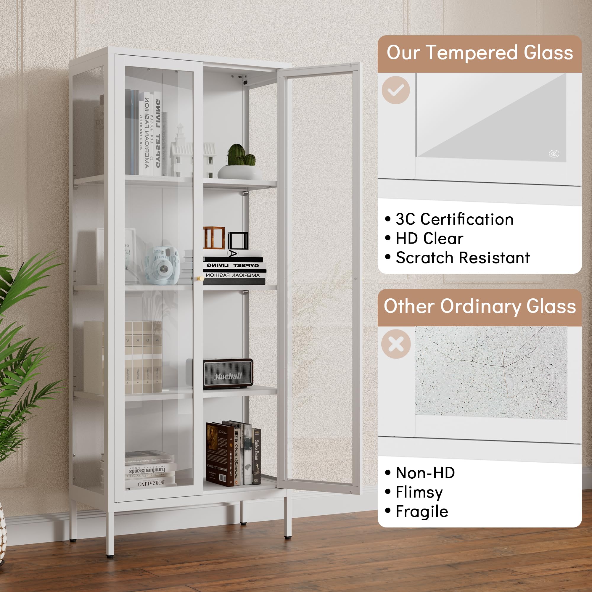 White Glass Display Cabinet with Doors & Shelves - 66