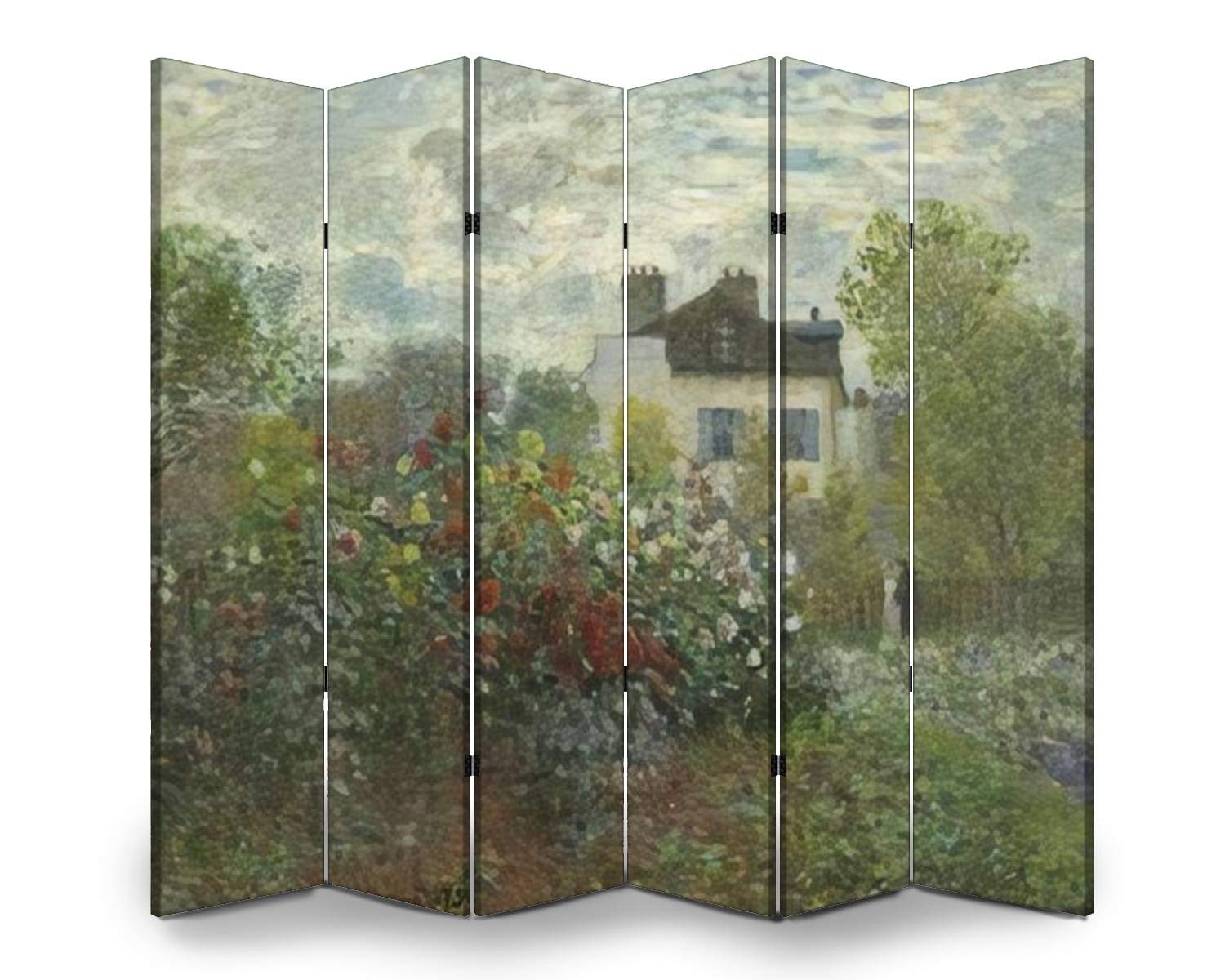 Claude Monet The Artist's Garden in Argenteuil 1873 French Folding Screen - 6 Panel Wood Room Divider with Canvas Privacy Panels, Dual-Sided Wall Art for Home Office, Bedroom & Living Room Decor