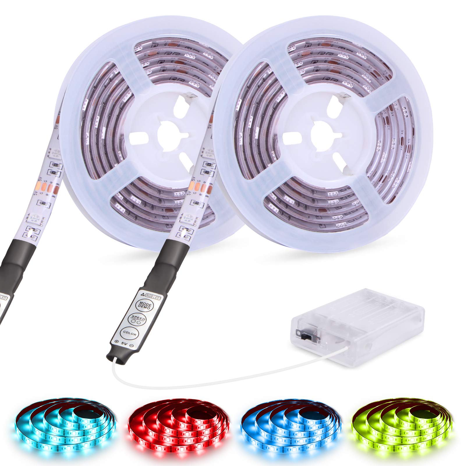 Battery Powered RGB LED Strip Lights - 6.56ft 2Pack for TV Backlight & DIY Decor