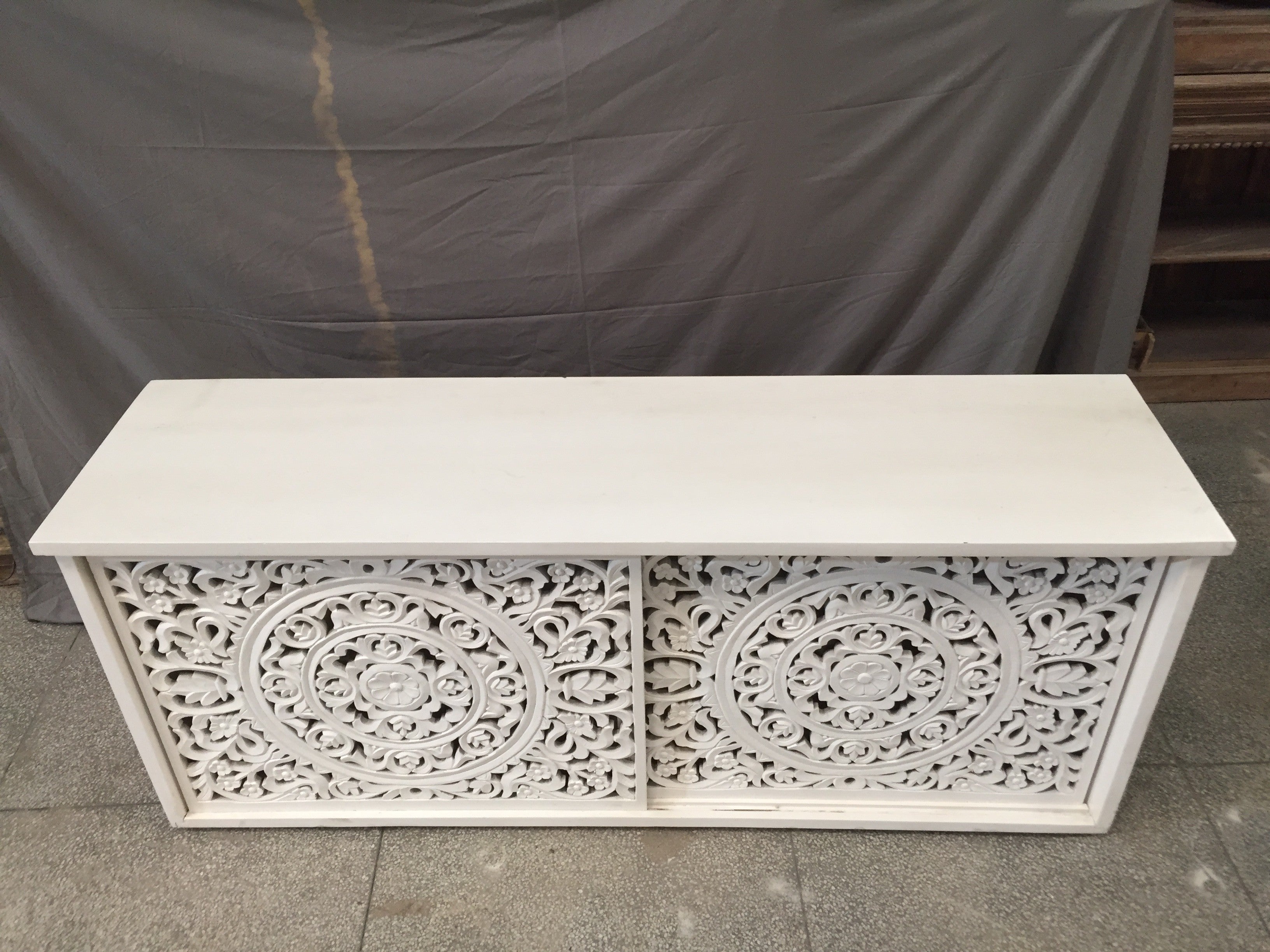 Hand Carved Indian Solid Wood Sideboard with Intricate Carved Doors - White - Perfect for Dining Room, Living Room, or Entryway Storage