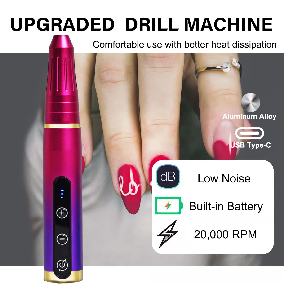 Professional Electric Nail Drill Kit - Rechargeable Cordless Manicure Pedicure Machine with Bits for Acrylic Gel Nails, Salon & Home Use (Fuchsia) | Perfect for Nail Art, Polish Removal & Nail Care at Home or Professional Salons