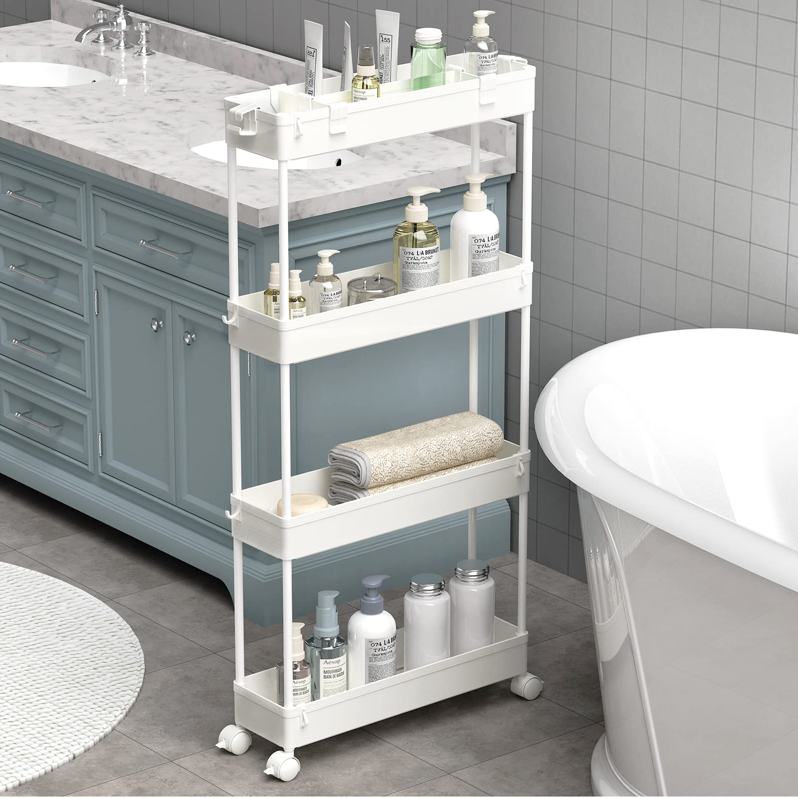 SPACELEAD 4-Tier Slim Rolling Storage Cart - Bathroom, Kitchen & Office Organizer with Slide-Out Shelves - Mobile Utility Cart for Small Spaces, Laundry Room & Narrow Areas - White - Perfect for Bathroom Essentials, Kitchen Supplies & Home Organization
