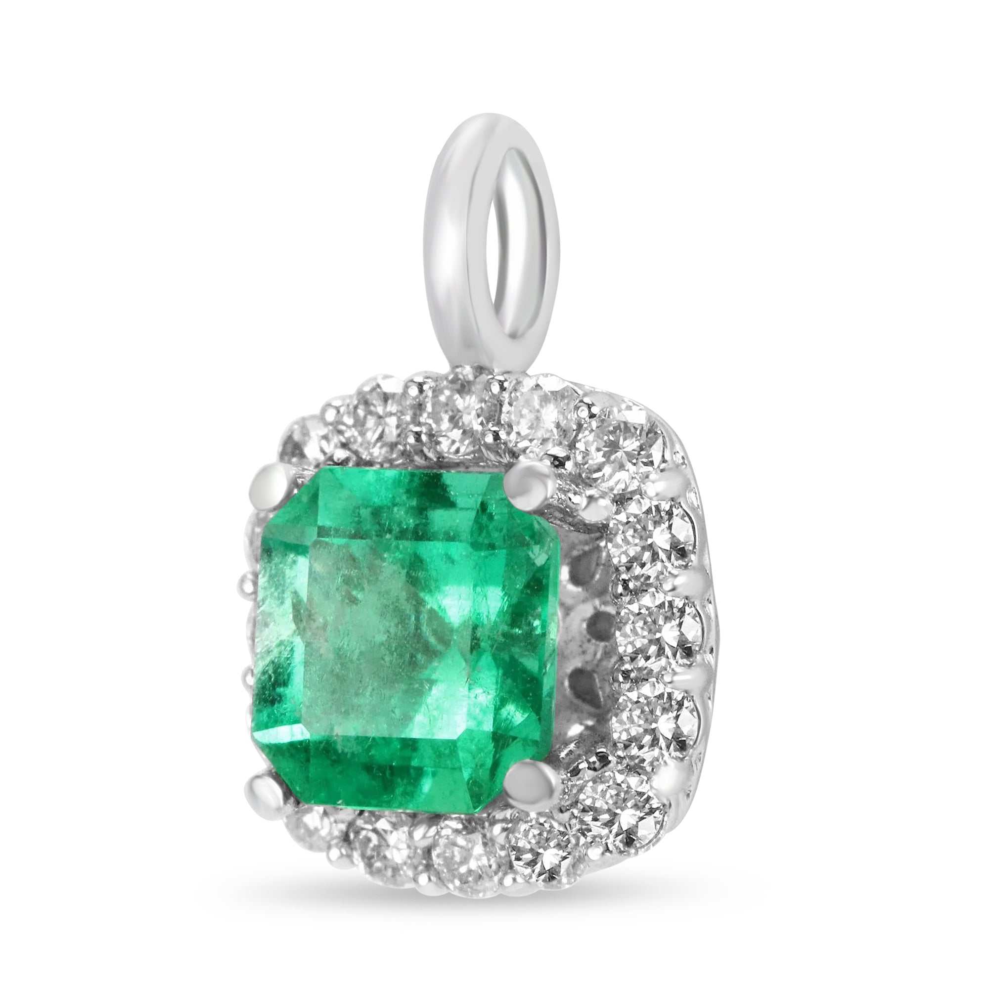 1.75tcw Asscher Cut Electric Green Colombian Emerald & Diamond Halo Necklace in 14K Gold - Elegant Jewelry for Weddings, Anniversaries & Special Occasions