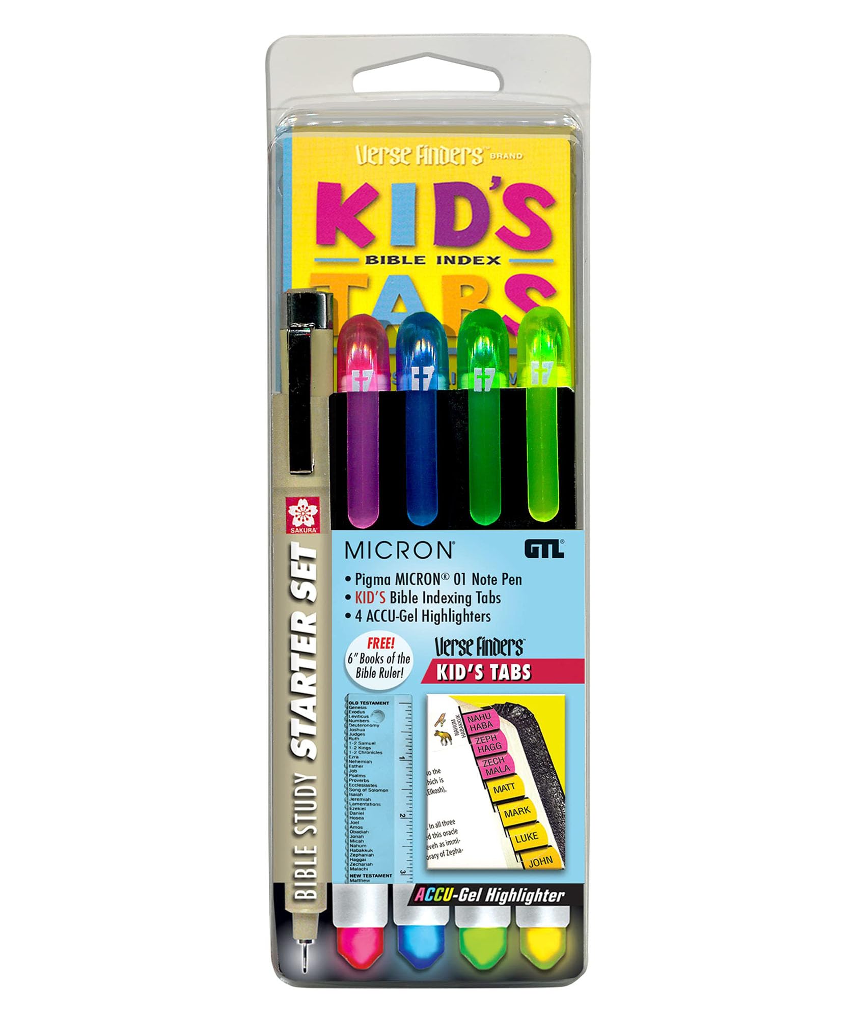 Accu-Gel Bible Highlighter & Pigma Micron Bible Study Starter Set - No Bleed Pigmented Ink, 01 Fine Point Black - Rainbow Bible Tabs for Kids (Yellow, Green, Pink) - Perfect for Sunday School, Bible Journaling & Scripture Marking