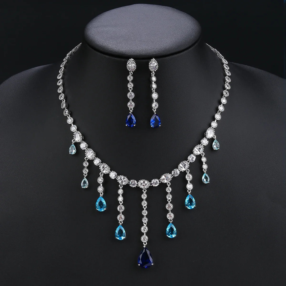 Elegant Droplet Cubic Zirconia Tassel Wedding Jewelry Set - Necklace & Earrings Bridal Party Accessories for Bride, Bridesmaid, Anniversary & Formal Dinner Occasions
