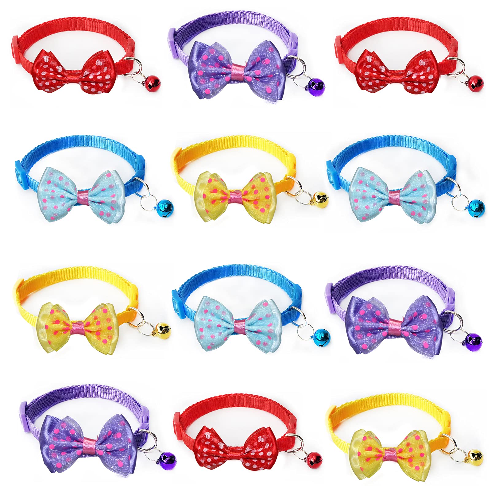 12PCS Breakaway Cat Collars with Bell & Bow Tie - Adjustable Pet Collars for Small Dogs & Cats - Cute Personalized Puppy Kitten Accessories in 4 Colors - Perfect for Gifts, Parties & Daily Pet Fashion