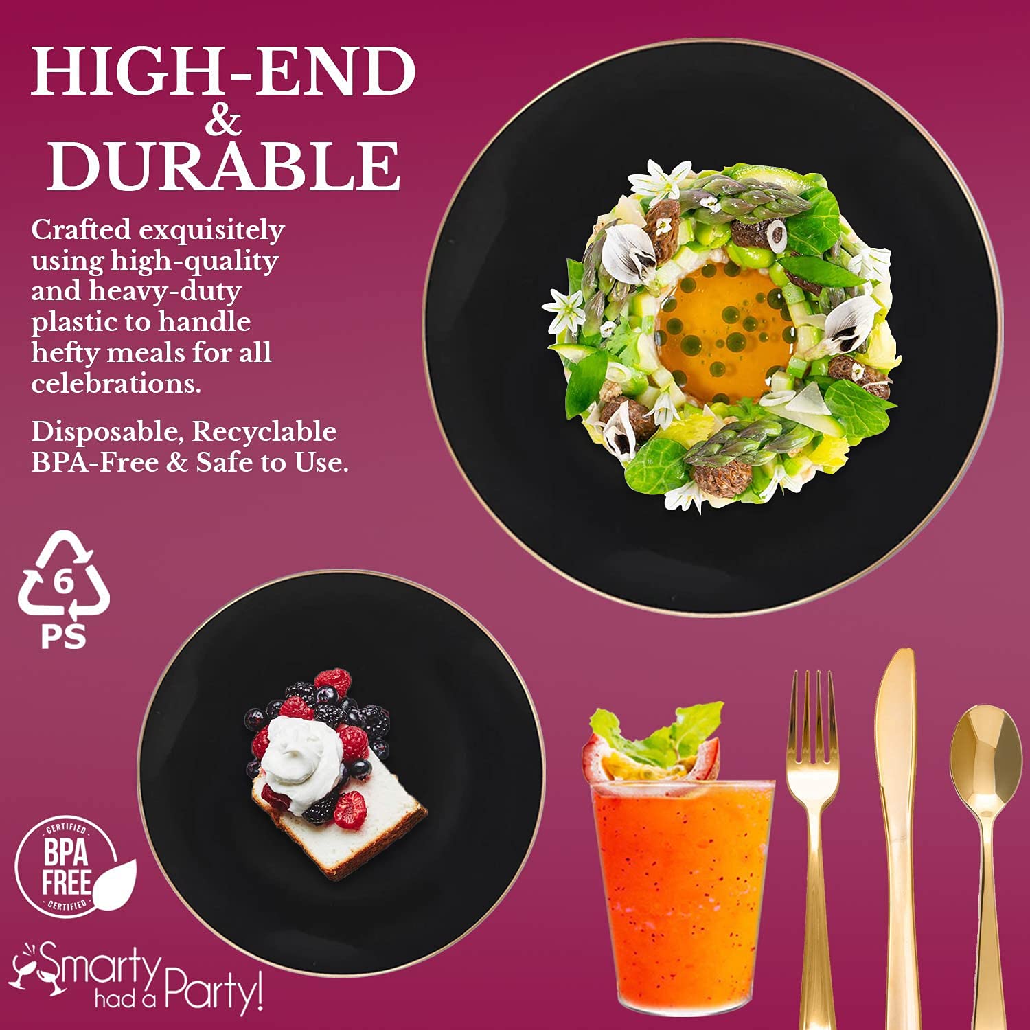 Eco-Friendly Disposable Plastic Plates with Elegant Rim Design - Bulk Round Dinnerware for Wedding, Birthday Party & Special Events (Black & Gold, 60-Piece Wedding Set) - Perfect for Catering, Outdoor Events & Large Gatherings
