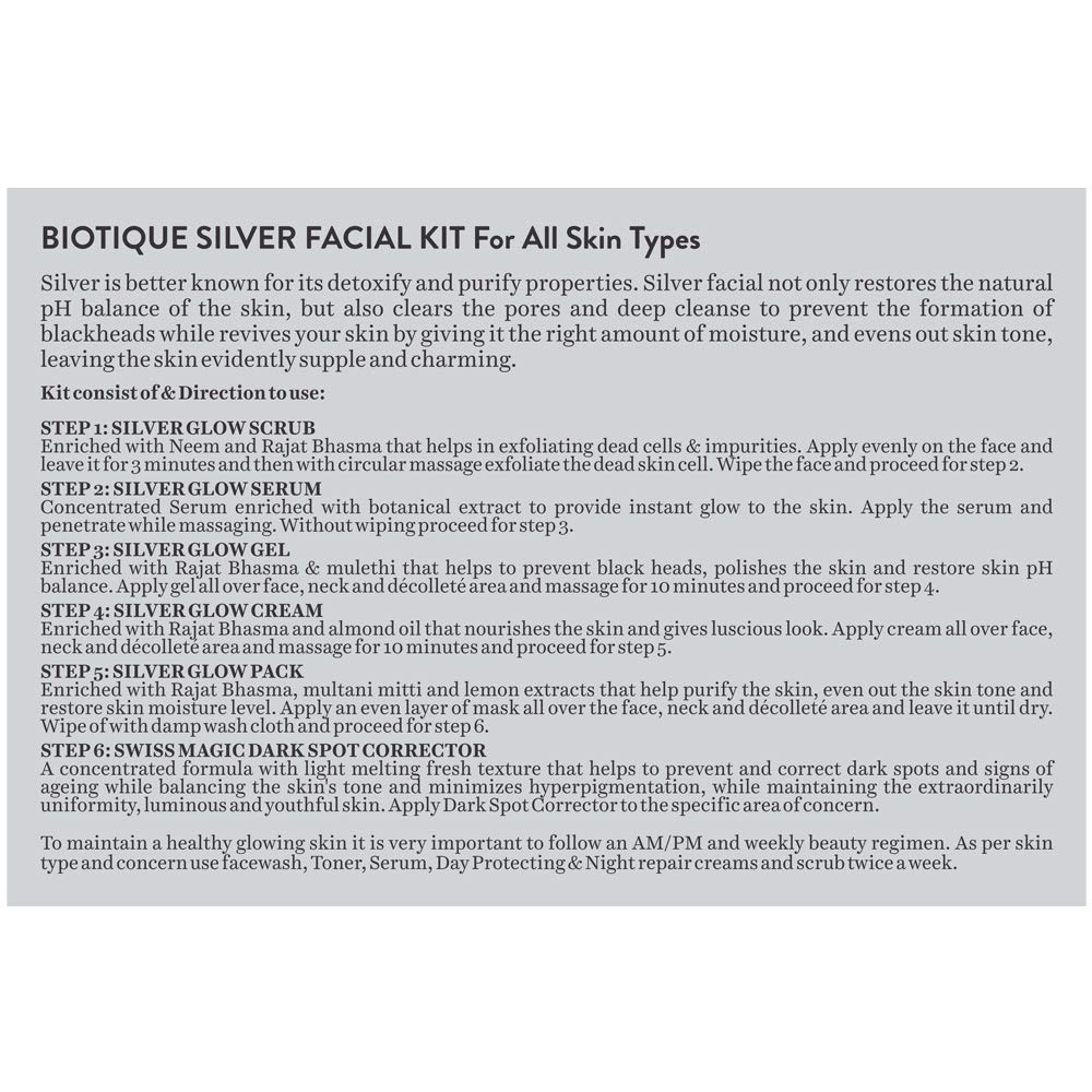 Biotique Clear Bright Skin Silver Facial Kit - 65g for Glowing & Radiant Skin | Deep Cleansing & Brightening Face Care | Perfect for Daily Skincare Routine & Special Occasions