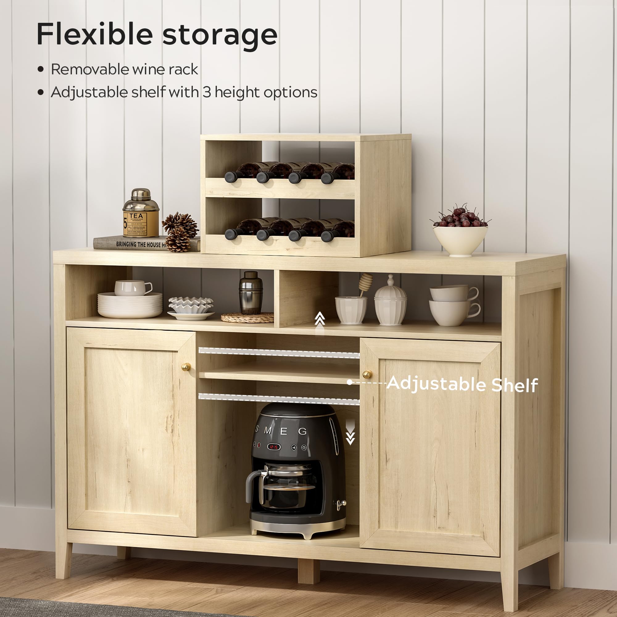 Farmhouse Wine Bar Cabinet with Doors - Light Oak Sideboard Buffet Storage for Liquor, Glassware & Dining Essentials | Perfect for Dining Room, Living Room & Home Bar Decor