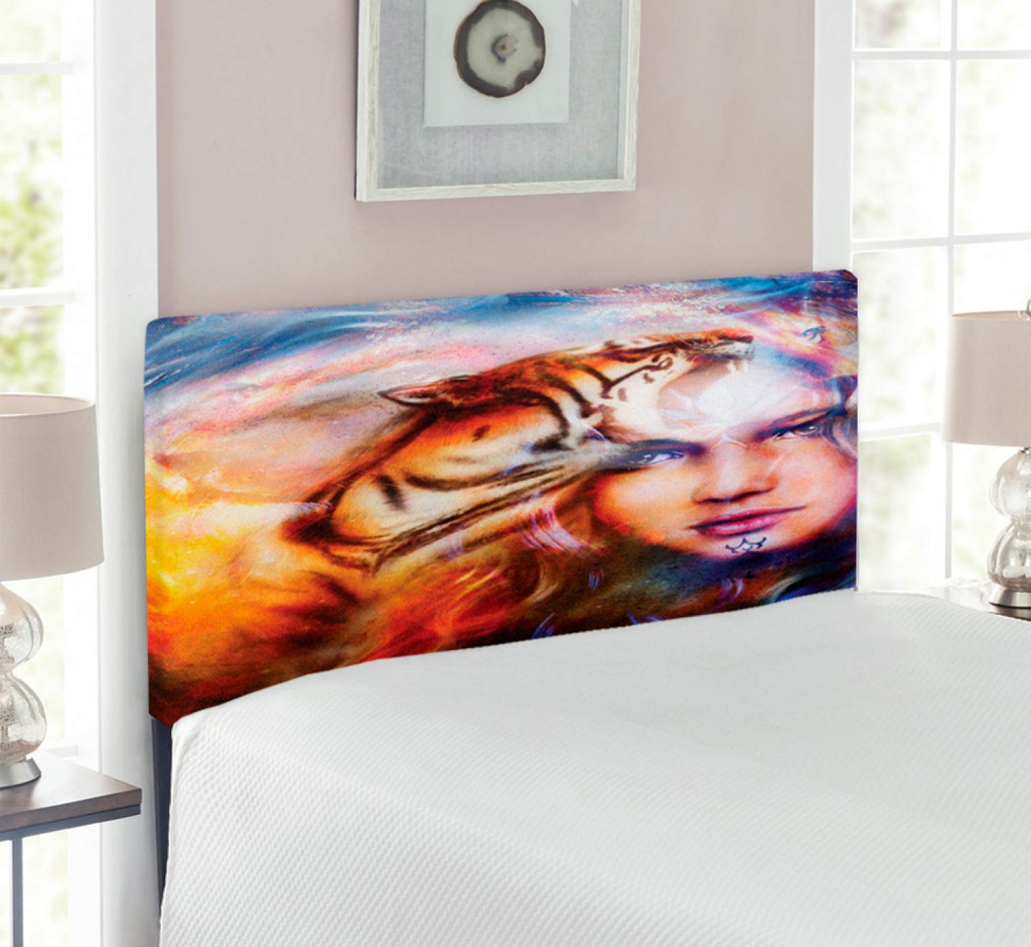 Ambesonne Mystic Upholstered Headboard - Tiger & Lion with Woman Face Ornamental Art, Twin Size Yellow Brown Blue - Decorative Metal Bed Headboard with Memory Foam for Cozy Bedroom Decor