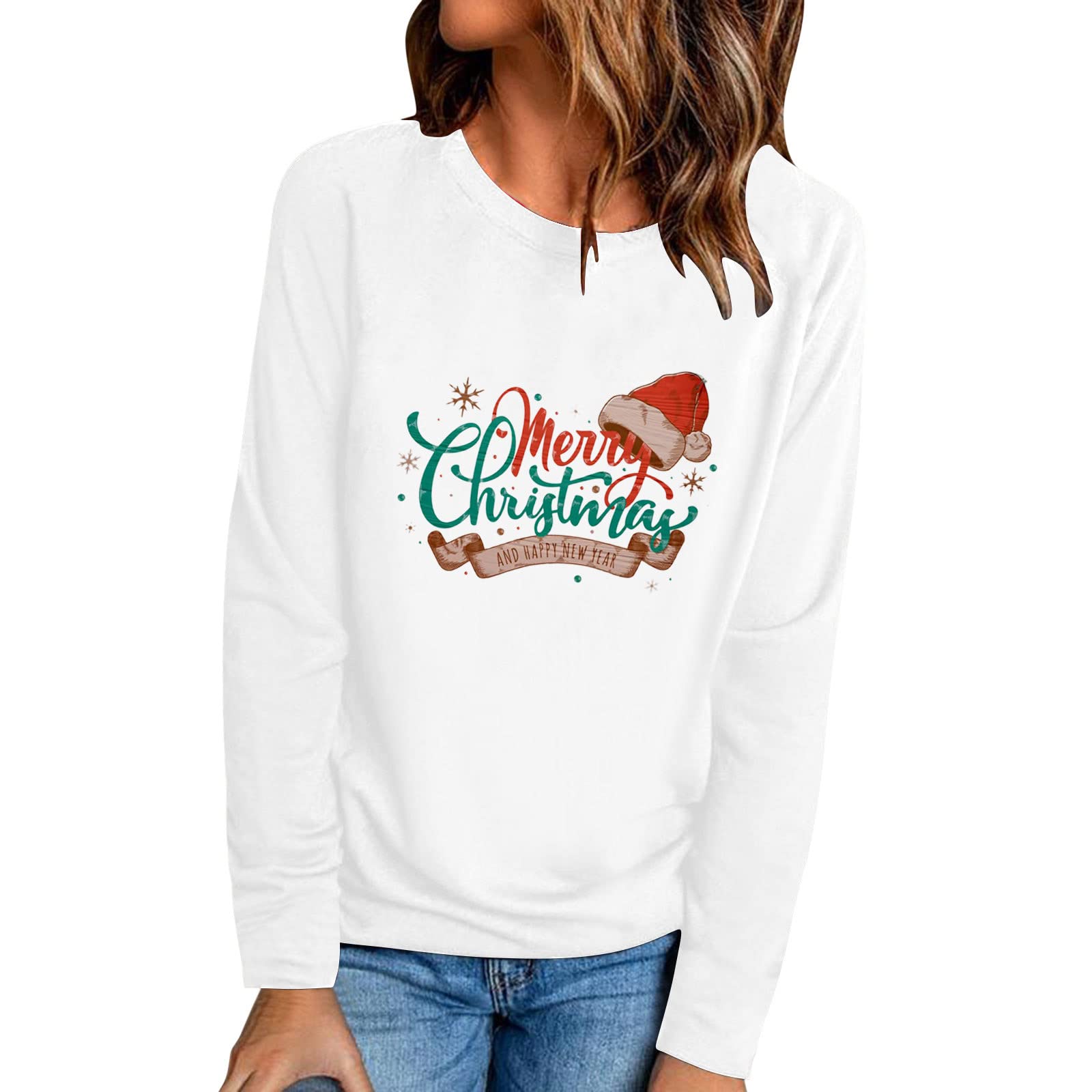 Women's Lightweight Long Sleeve Pullover - Casual Christmas Print Round Neck Loose Fit Tunic Top for Holiday Parties, Family Gatherings & Winter Layering