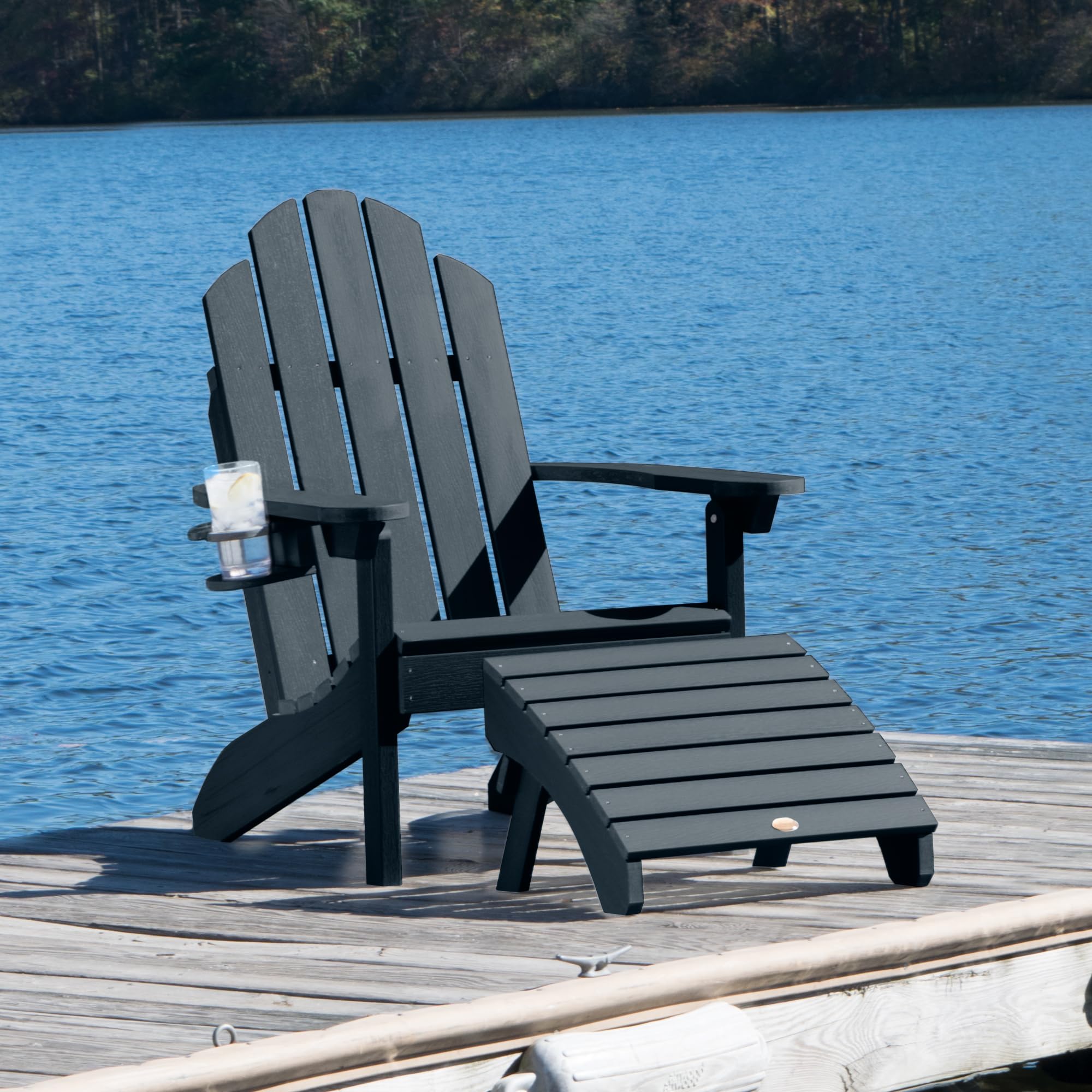 Classic Wesport Adirondack Chair with Ottoman and Cup Holder - Federal Blue - Outdoor Patio Furniture for Garden, Deck, Poolside Relaxation
