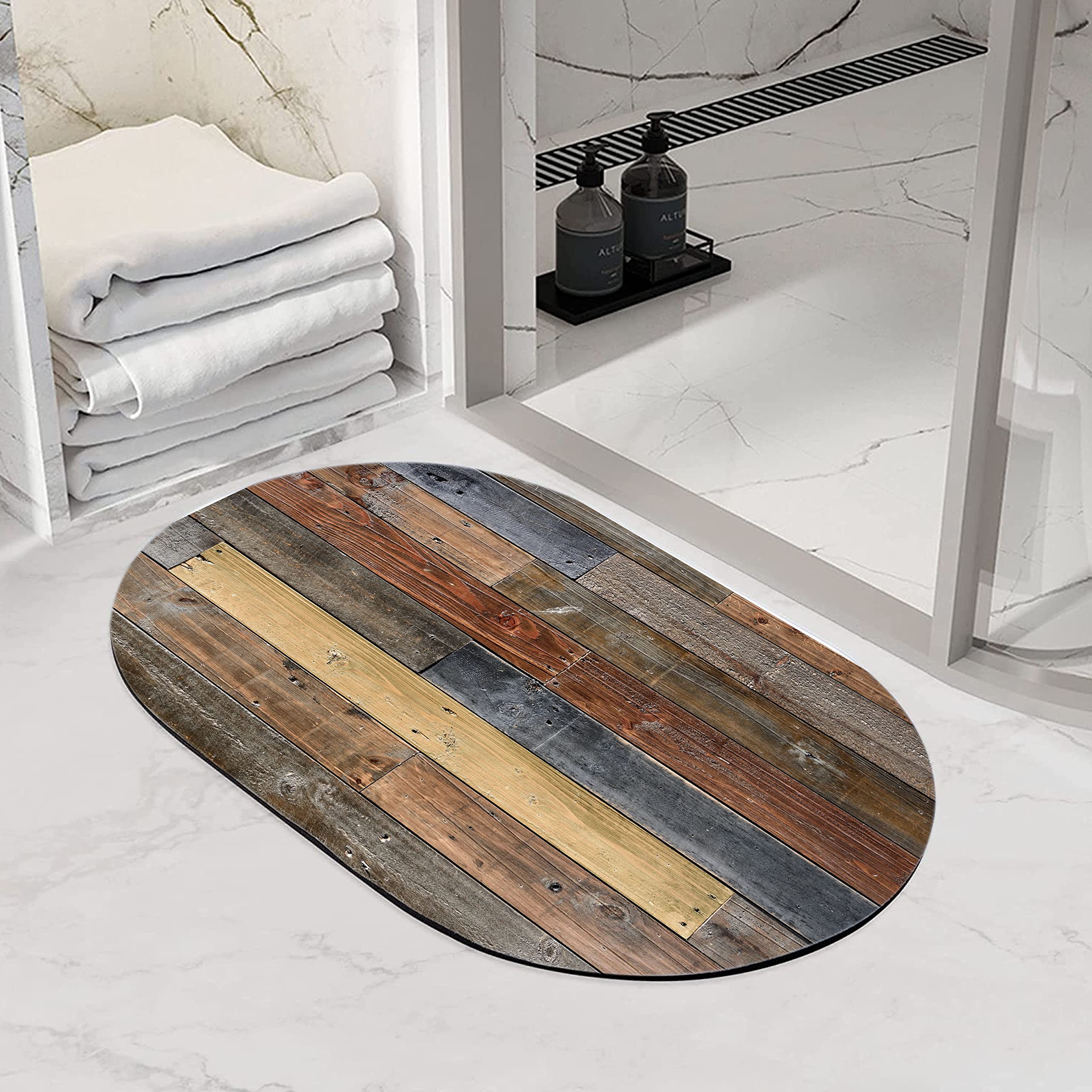 Rustic Old Barn Wood Doormat & Diatomaceous Earth Bath Mat - Non-Slip Quick Dry Super Absorbent Washable Bathroom Rug (48×24 inch Oval) for Farmhouse Entryway & Spa Bathroom Decor
