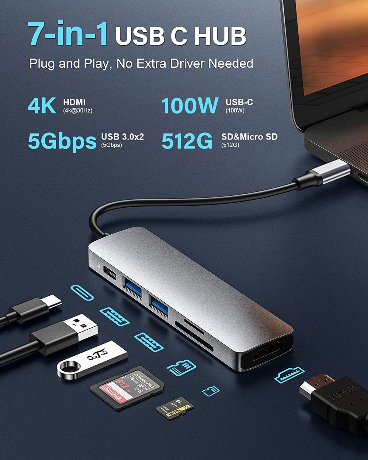 6-in-1 USB C Hub with 4K HDMI, USB 3.0 Ports & Power Delivery - Multi-Port Adapter for MacBook Pro/Air, iPad, Laptop & USB-C Devices | Ideal for Home Office, Travel & Video Conferencing