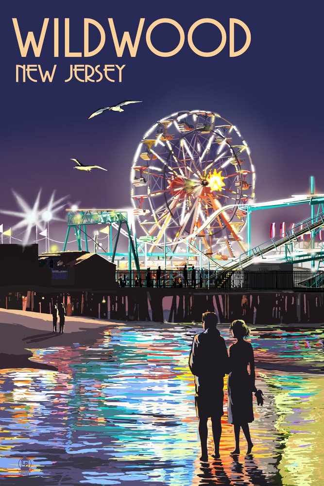 Signed 24x36 Wildwood New Jersey Pier and Rides at Night Art Print - Coastal Wall Decor Poster for Beach House, Living Room, or Office