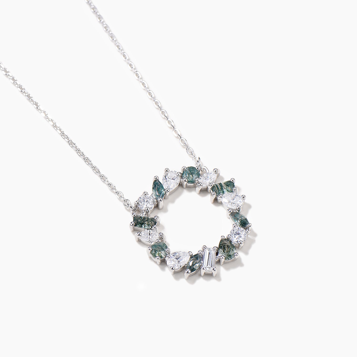 Natural Moss Agate and Moissanite Mixed Cut Circle Pendant Necklace in 14K White Gold - Elegant Jewelry Gift for Women, Perfect for Weddings, Anniversaries & Everyday Wear