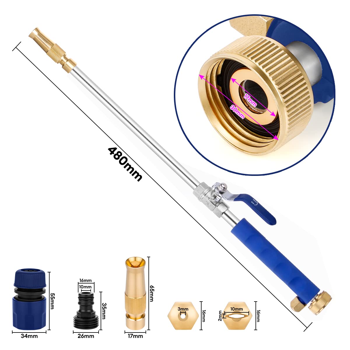 Hydro Jet Power Washer Gun with 3 Nozzle Attachments - High Pressure Water Spray Wand for Patio, Sidewalk, Car, Window & Garden Cleaning (Blue) | Perfect for Outdoor Home Maintenance and Vehicle Washing