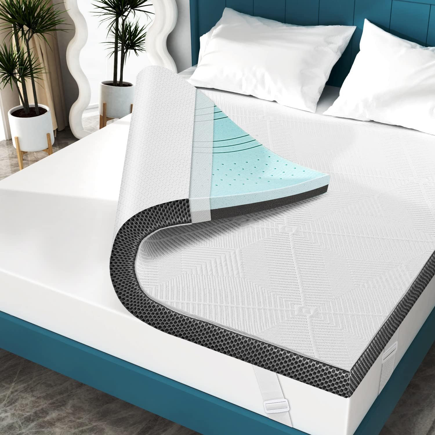 Elviros 3 Inch Cooling Gel Memory Foam Mattress Topper Queen Size - Dual Layer Mattress Pad for Back Pain Relief & Pressure Relief - Breathable & Adjustable with Removable Dark Grey Cover - Perfect for Hot Sleepers, Side Sleepers & Back Pain Sufferers