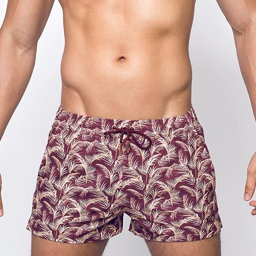 2eros Hawaiian Night 3 Swim Shorts for Men - Burgundy Floral Print Beach Swimwear | Perfect for Pool Party, Vacation & Summer Outfits