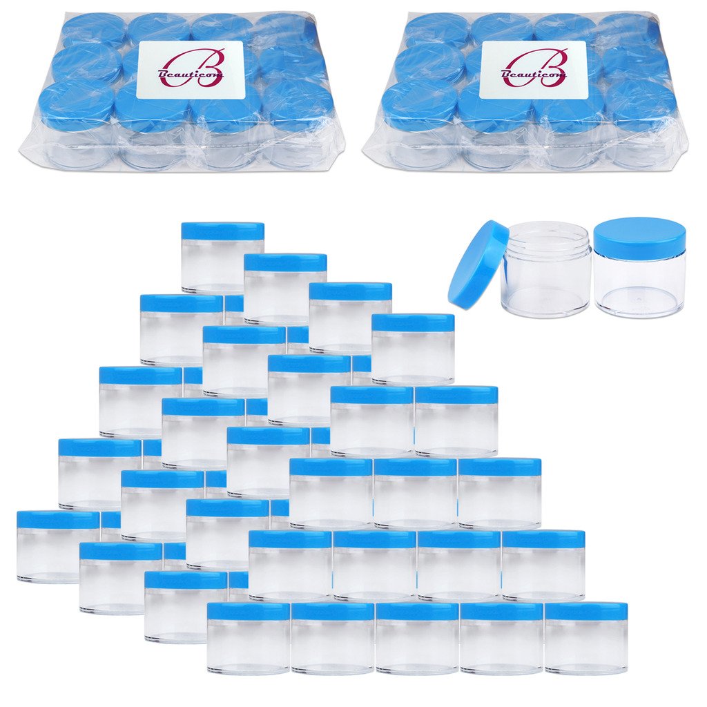 Beauticom 60 Grams/60 ML (2 Oz) Round Clear Leak Proof Plastic Jars with Blue Lids - Travel Size Cosmetic Containers for Makeup, Lotion, Creams, Oils & Salves - Perfect for DIY Beauty Products, Travel Toiletries & Home Organization (Pack of 384)