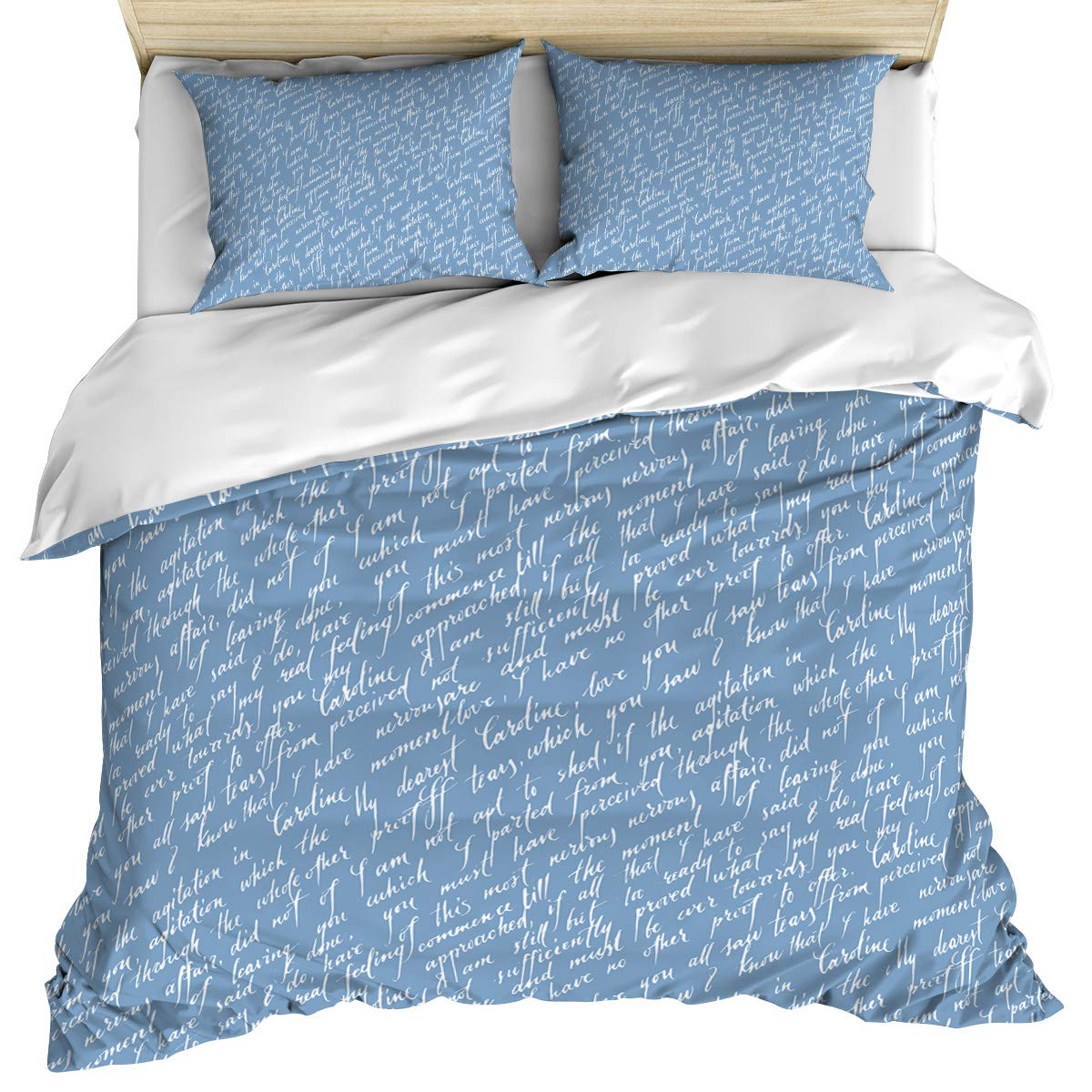 Premium 3-Piece Queen Duvet Cover Set with 2 Pillowcases - Soft Reversible Microfiber Bedding for All Seasons, Modern Handwriting Design in Blue | Perfect for Master Bedroom, Guest Room & Cozy Home Decor