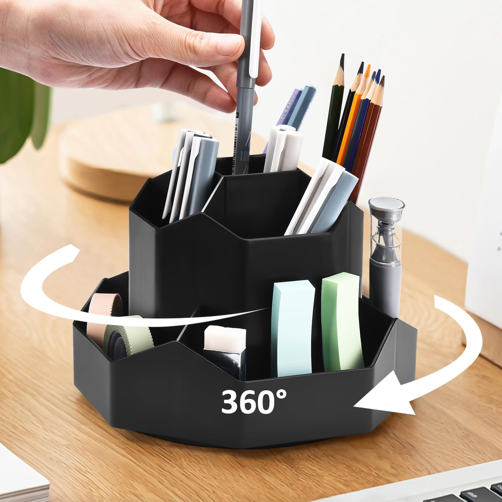 360° Rotating 9-Slot Pencil Pen Holder for Desk - Black Office & Home Stationery Organizer - Perfect for Art Supplies, School, and Workspace Organization