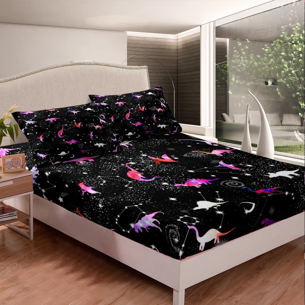 Dinosaur Silhouette Bed Sheet Set for Kids - Pink Tie Dye Dino Print Twin Size 3-Piece Set with Fitted Sheet, Flat Sheet & Pillowcase | Fun Constellation & Galaxy Design for Boys & Girls Bedroom Decor | Perfect for Kids Rooms, Sleepovers & Themed Bedrooms