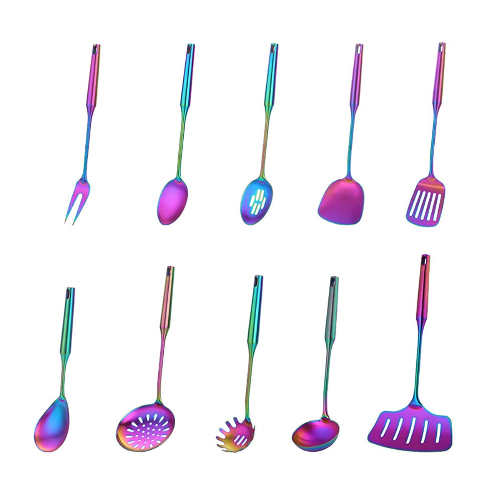 Premium 18/8 Stainless Steel Kitchen Utensil Set - 10 Piece Non-Tick Cooking Tools with Long Handles (Rainbow Color) for Baking, Frying & Everyday Cooking - Dishwasher Safe Kitchenware Gift Set
