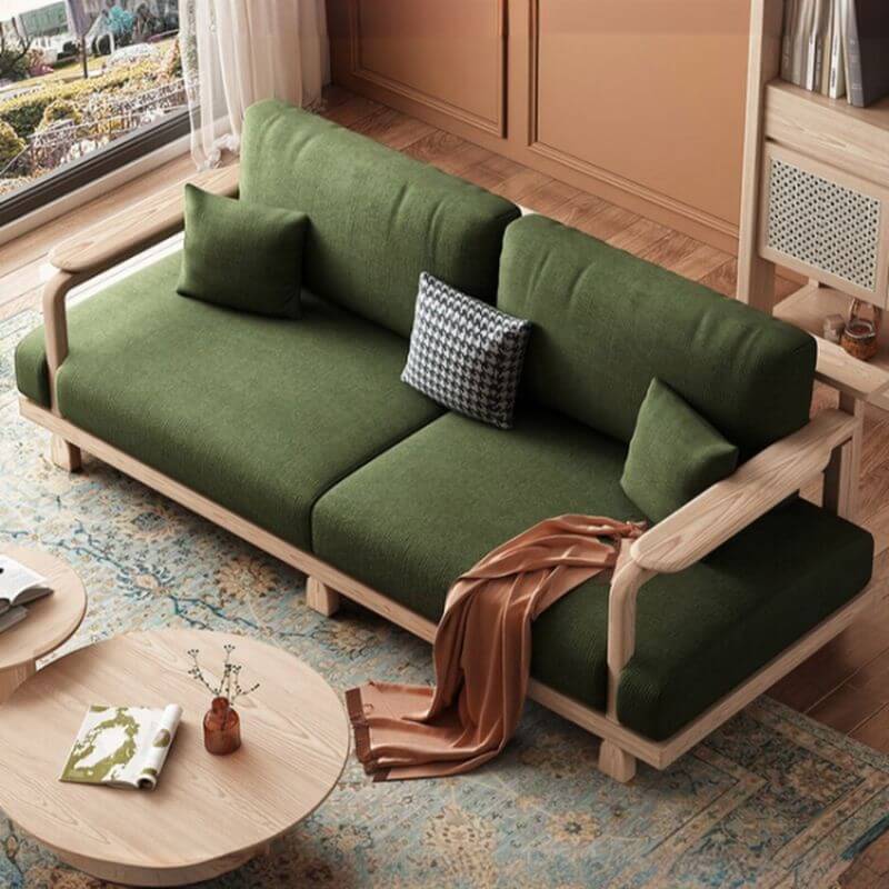 Victorian Ash Wood Olive Green Sofa Couch - Loveseat & Single Sofa for Living Room with 3 Pillows & Removable Cushions | Comfortable Seating for Home, Office & Lounge Areas