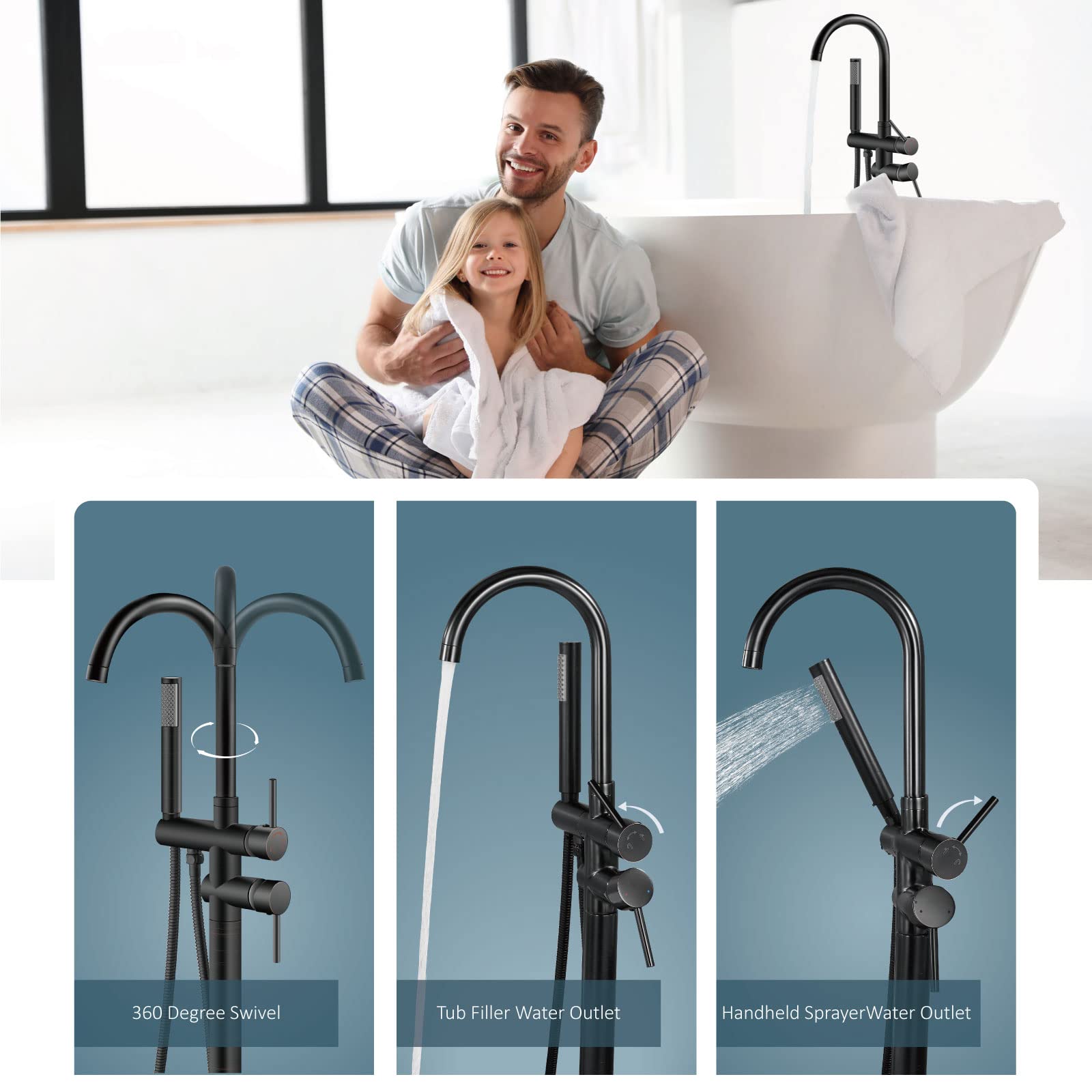 Aolemi Freestanding Bathtub Faucet - Oil Rubbed Bronze Floor Mount Tub Filler with High Flow Swivel Gooseneck Spout & Handheld Shower Mixer | Perfect for Modern Bathroom, Spa, and Luxury Home Decor