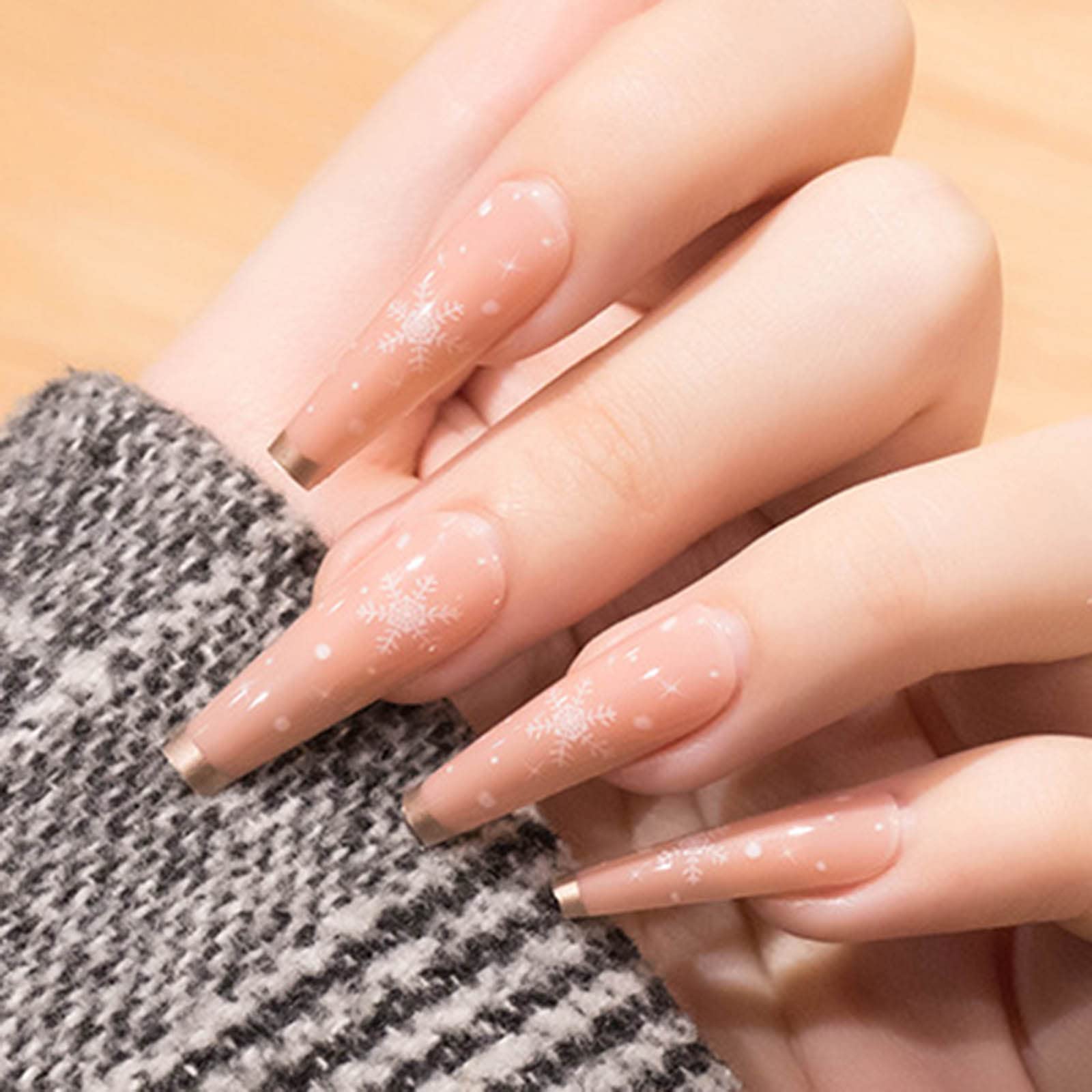 Acenail Extra Long Coffin Press on Nails - 24Pcs French Snowflake Design Glossy Fake Nails with Full Cover Tips | DIY Acrylic Nails for Women & Girls | Perfect for Parties, Weddings & Special Occasions