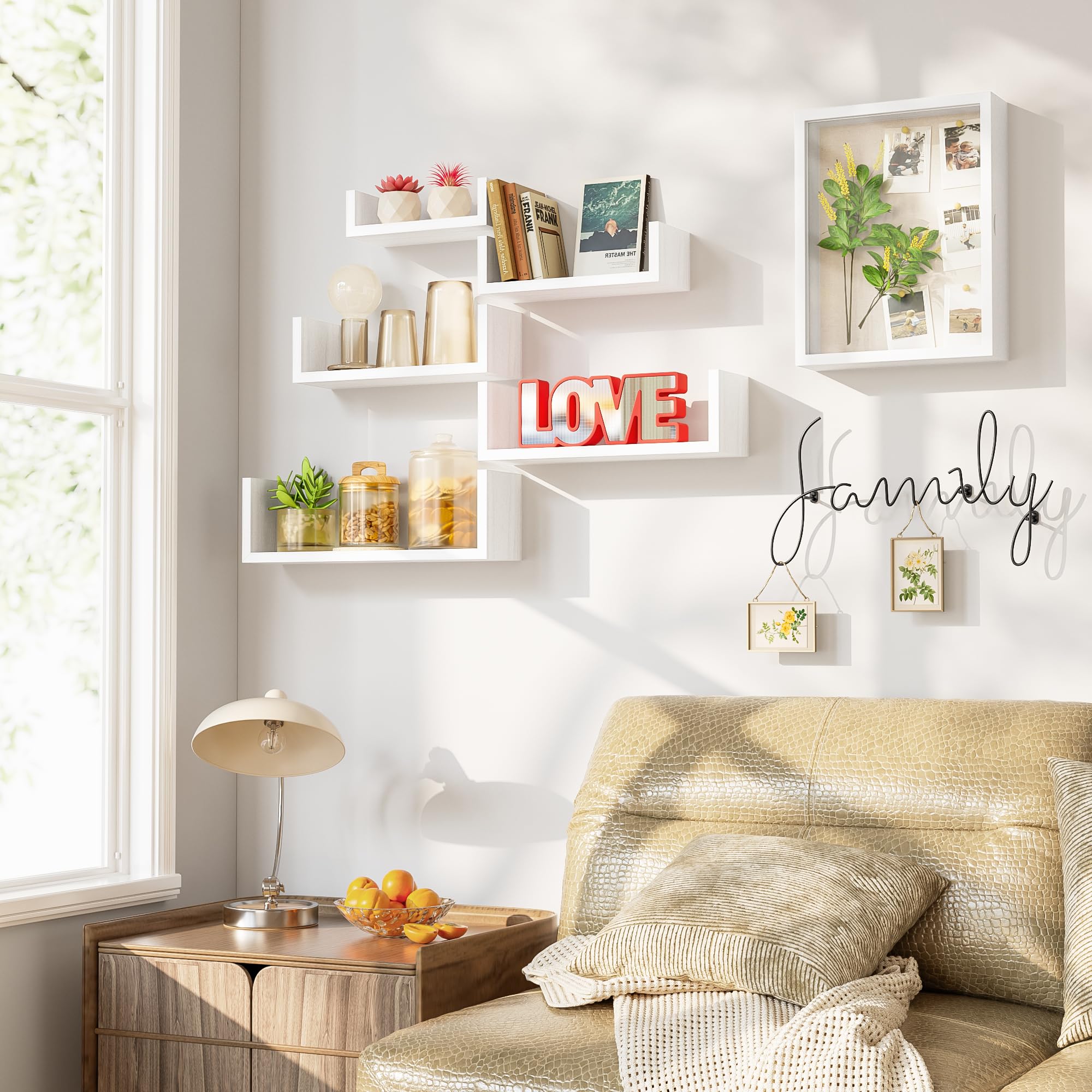 5-in-1 Modern Wall Decor Set with Floating Shelves & Shadow Box - Home Storage Organizer for Living Room, Bedroom, Nursery & Office | Space-Saving Wall Pediments & Display Solution for Photos, Books & Decorative Items