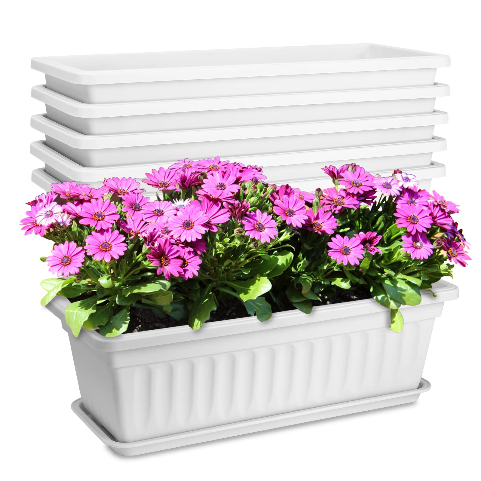 6 Pack White Plastic Window Box Planters - 17 Inch Rectangular Flower & Vegetable Planters with Drainage Trays - Perfect for Windowsill, Balcony, Patio, Garden & Porch Decor - Indoor/Outdoor Gardening Solution