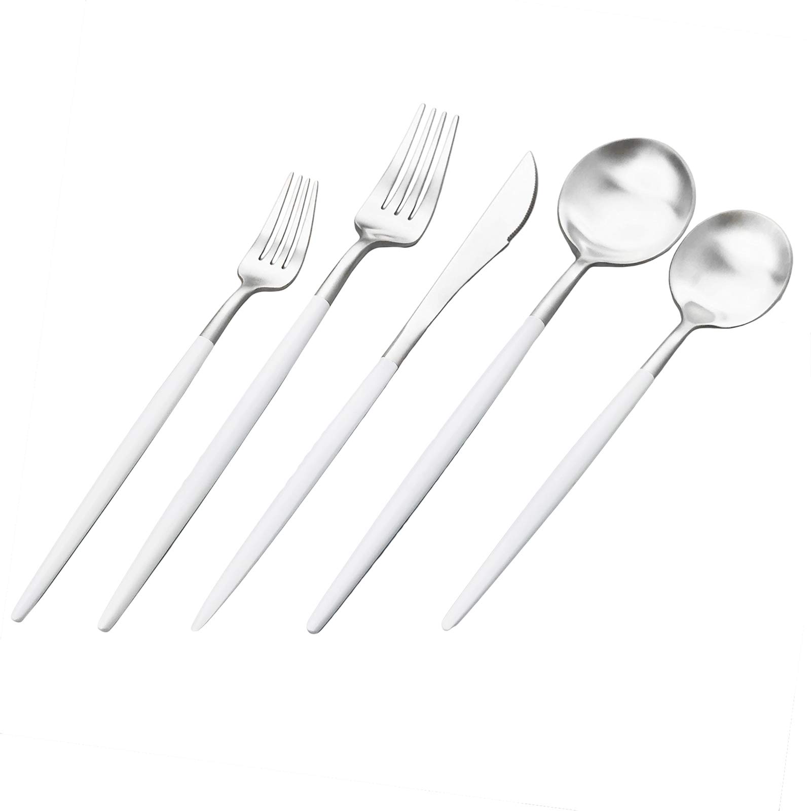 Premium 20-Piece Matte White Handle 18/10 Stainless Steel Flatware Set for 4 - Includes Forks, Spoons & Knives - Elegant Dining & Camping Silverware - Perfect for Home, Travel & Outdoor Use (White Silver)