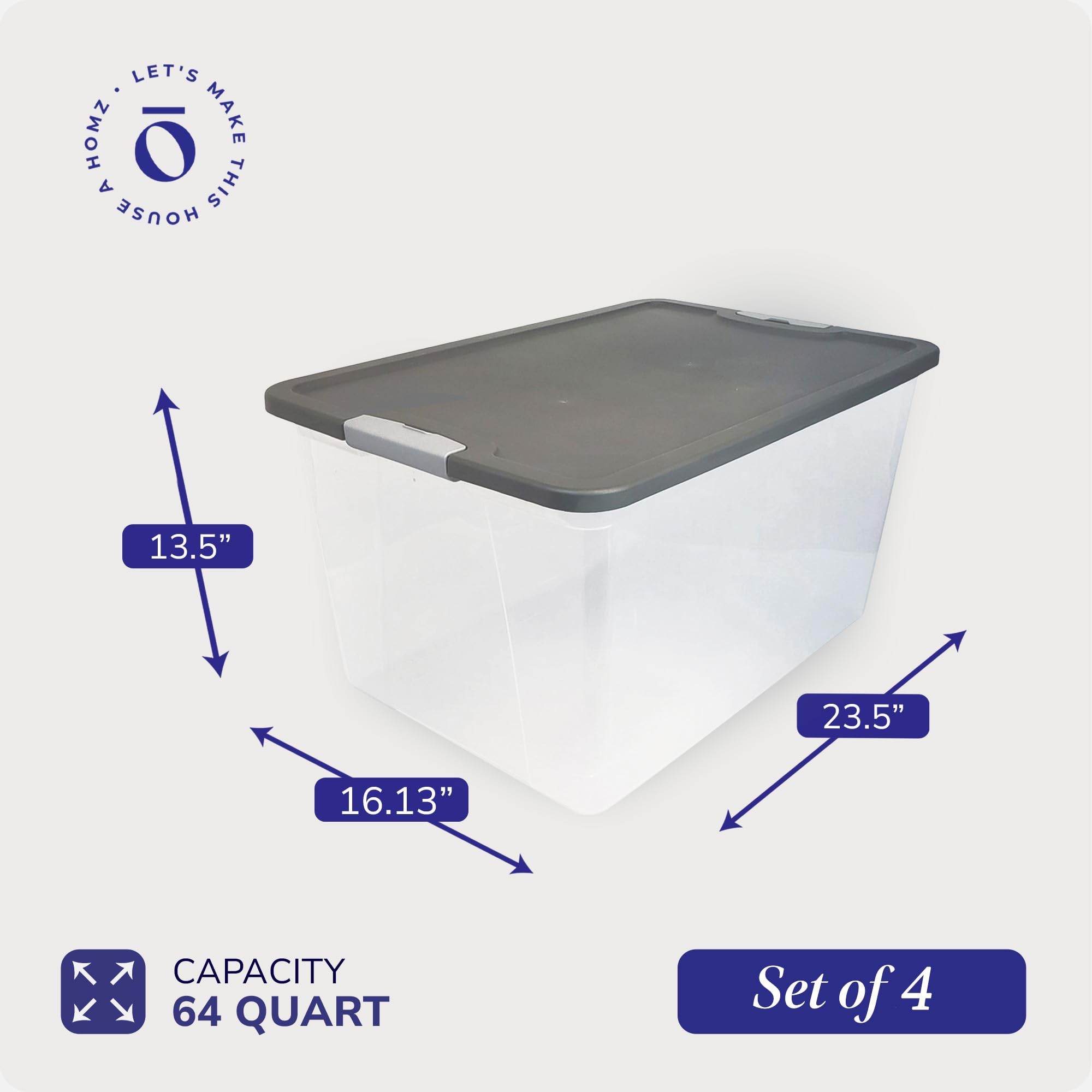 HOMZ 4-Pack 64 Quart Clear Plastic Storage Bins with Secure Latches & Gray Lids - Organize Closet, Pantry, Garage, or Kids' Toys Storage Solutions