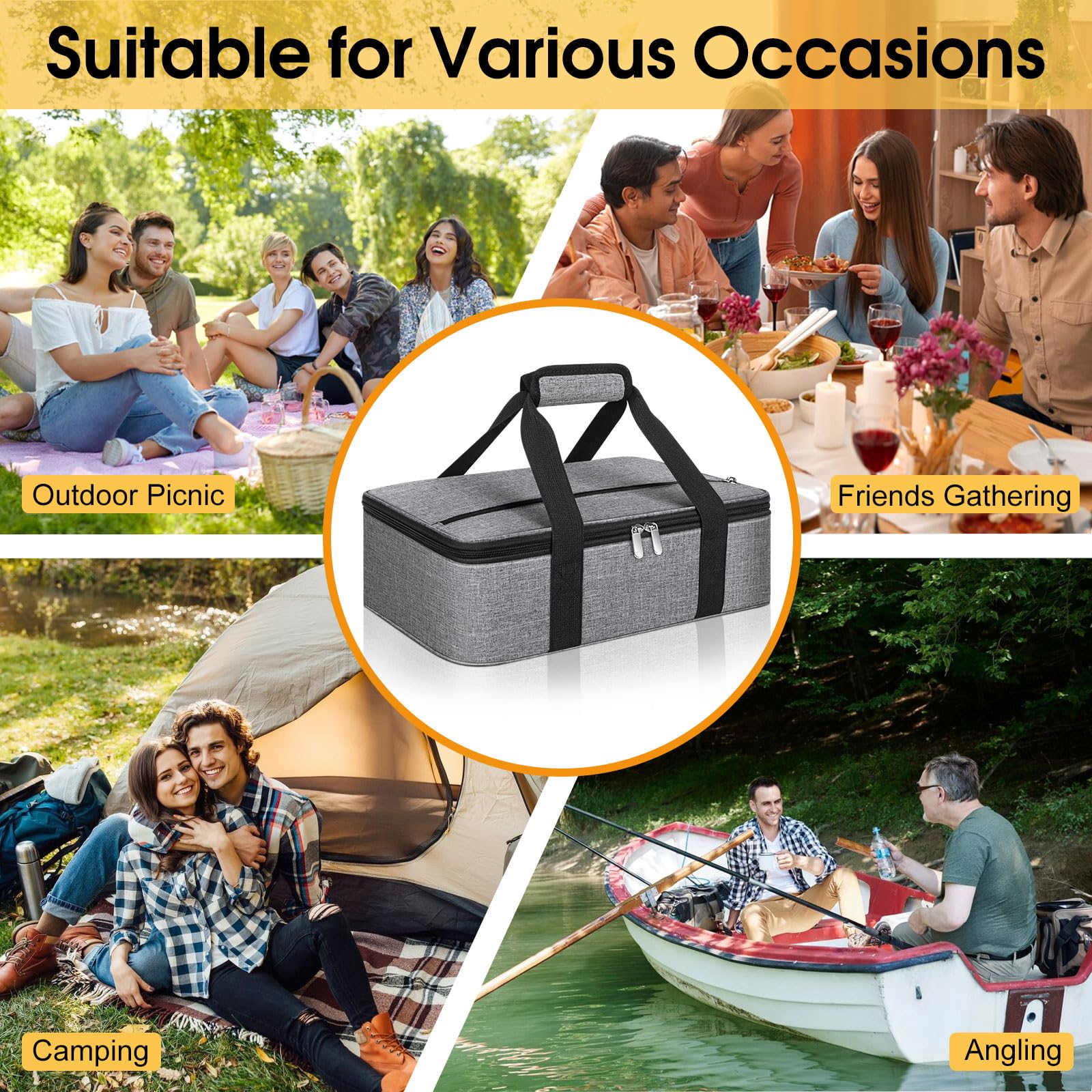 Insulated Casserole Carrier for Hot & Cold Food - Portable 9x13 Baking Dish Tote Bag - Thermal Lunch Warmer & Cooler for Potluck Parties, Picnics, Office Meals & Family Gatherings - Grey