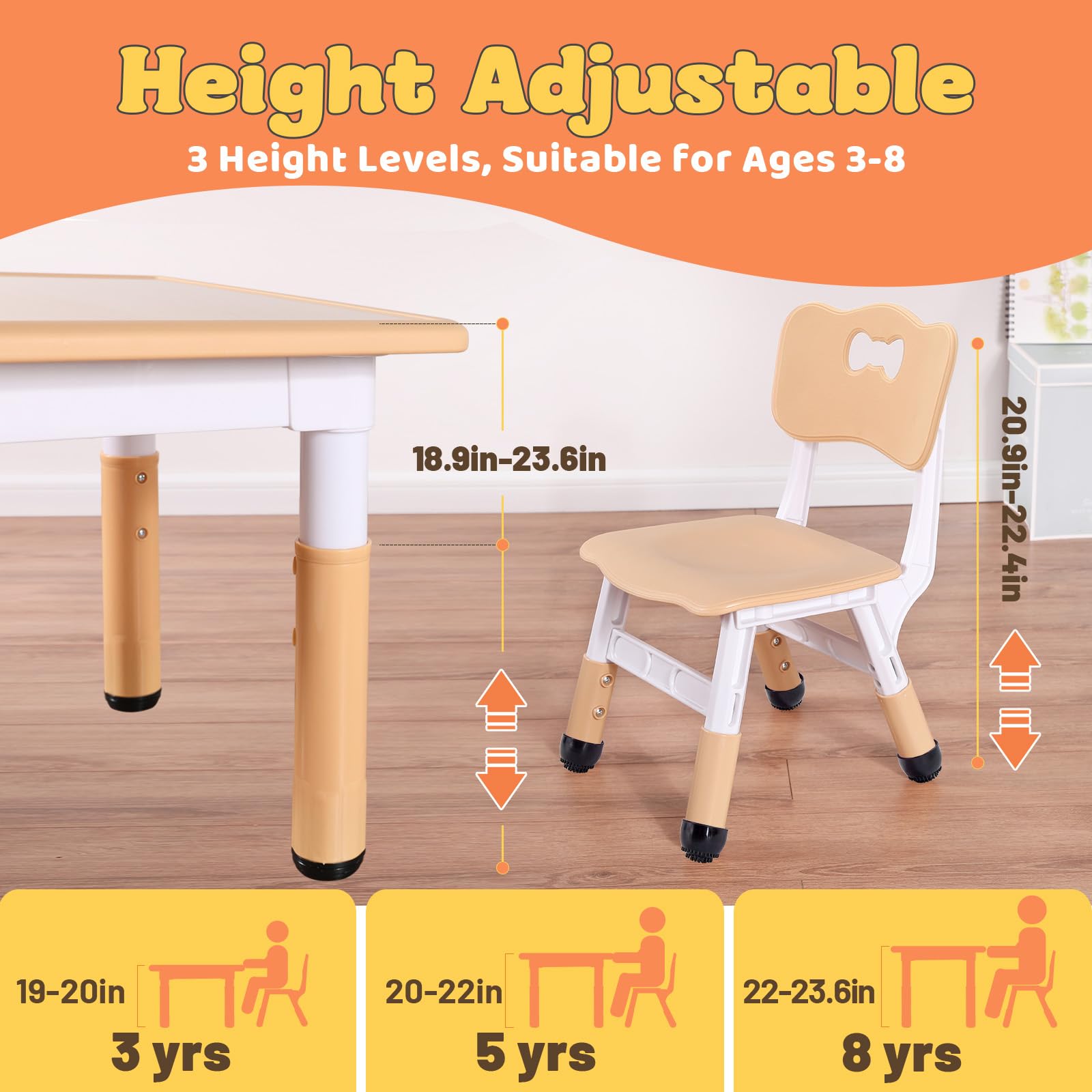FUNLIO Adjustable Height Kids Table and 4 Chairs Set for Toddlers Ages 3-8 | Easy to Clean Arts & Crafts Table with Wipeable Surface | Perfect for Classrooms, Daycares, Playrooms & Home Use | CPC & CE Certified 5-Piece Set (Natural Wood) - Ideal for Drawing, Learning Activities & Playtime