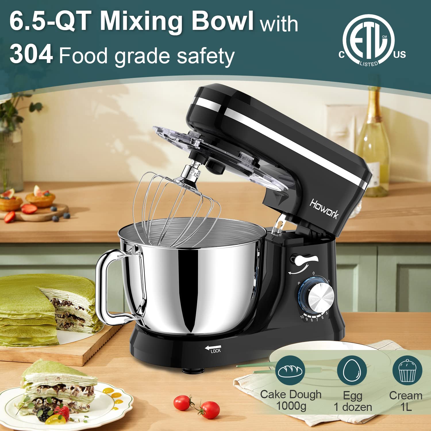 HOWORK 6.5QT Stand Mixer - 10+ Speed Electric Kitchen Mixer with Stainless Steel Bowl, Dough Hook, Wire Whip & Beater - Perfect for Baking Cakes, Cookies, Bread & Dough - Ideal for Home Bakers & Cooking Enthusiasts
