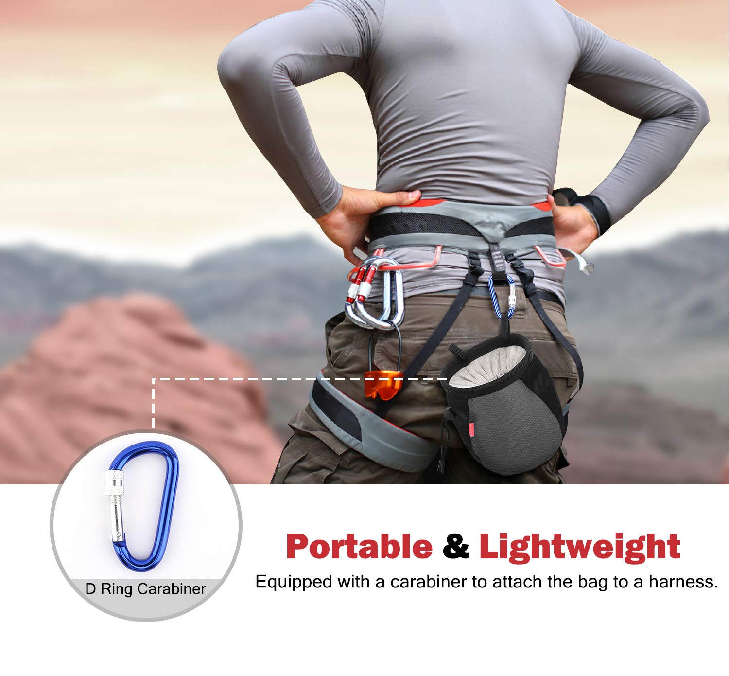 Rhino Valley No Leak Climbing Chalk Bag with Adjustable Belt, Carabiner Clip & Zippered Pockets - Perfect for Rock Climbing, Bouldering, CrossFit, Weightlifting & Gym Workouts | Durable & Secure Chalk Holder for Outdoor Sports & Fitness Training